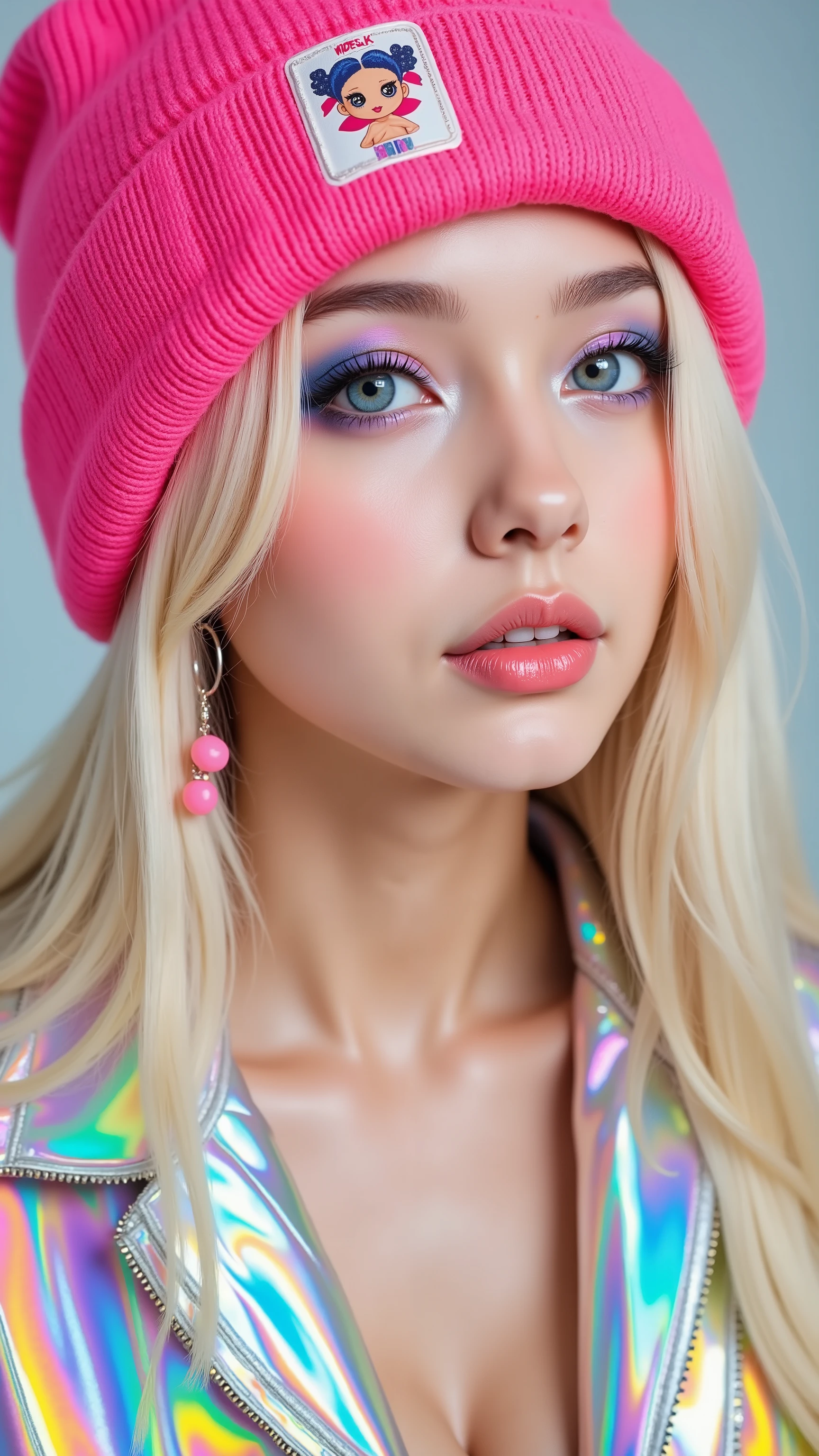 32k, Masterpiece, Top Quality, (Korea's Beautiful Women) Colorful fashion portrait, platinum blonde hair, hot pink beanie, vibrant makeup, blue eyeshadow, miniature doll earrings, rainbow holographic jacket, 90s aesthetic, Y2K style, high contrast, studio lighting, detailed skin texture, fashion photography, Barbie-inspired, pop art influence, saturated colors, glossy lips, long straight hair, piercing gaze, youthful appearance, kawaii elements, retro futurism, closeup shot, flawless complexion