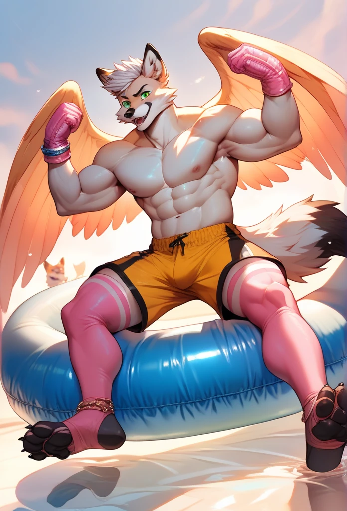 (masterpiece, Best quality:1.2), very young fox boys, training in gym, in speedos, body covered in  white fur, Furry style,sexual,horny,very muscular wild ,full height,veiny muscles, very long blond hair,freckles on the body and face,blue eyes,defined muscles,wet body from sweat,sharp focus, young , friendly,Angel wings, 