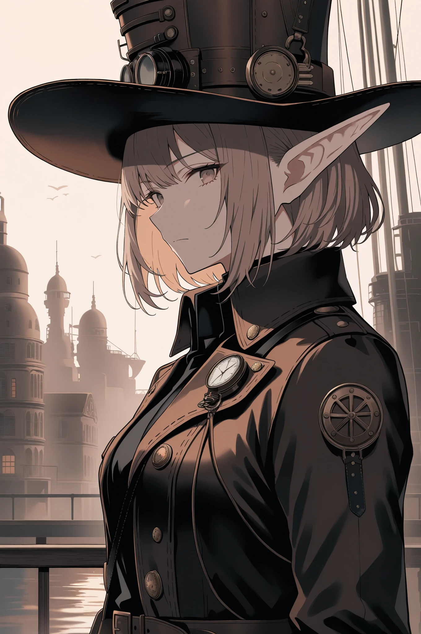 Sophisticated elf woman, ladies hat, steampunk suit, airship, muted colors, sepia filter,masterpiece, best quality, amazing quality, very aesthetic, absurdres, newest, highly detailed,high-resolution,