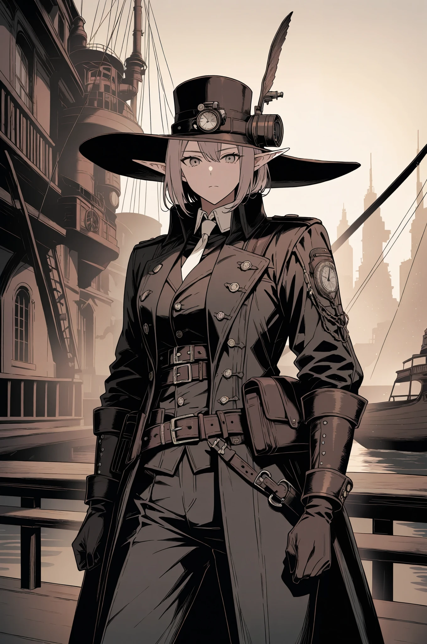 Sophisticated elf woman, ladies hat, steampunk suit, airship, muted colors, sepia filter,masterpiece, best quality, amazing quality, very aesthetic, absurdres, newest, highly detailed,high-resolution,