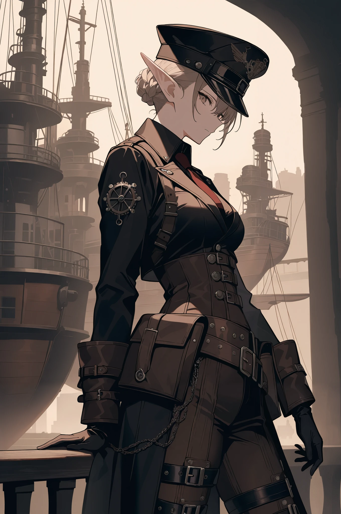 Sophisticated elf woman, ladies hat, steampunk suit, airship, muted colors, sepia filter,masterpiece, best quality, amazing quality, very aesthetic, absurdres, newest, highly detailed,high-resolution,