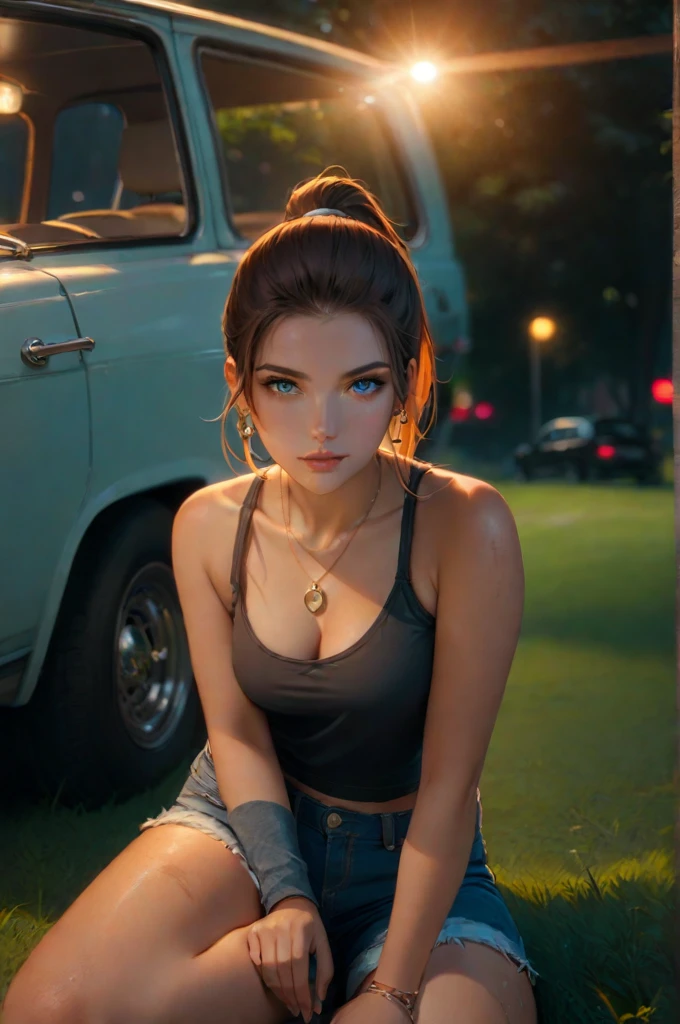 Sexy woman, ponytail, necklace, tank top, track pants, boots