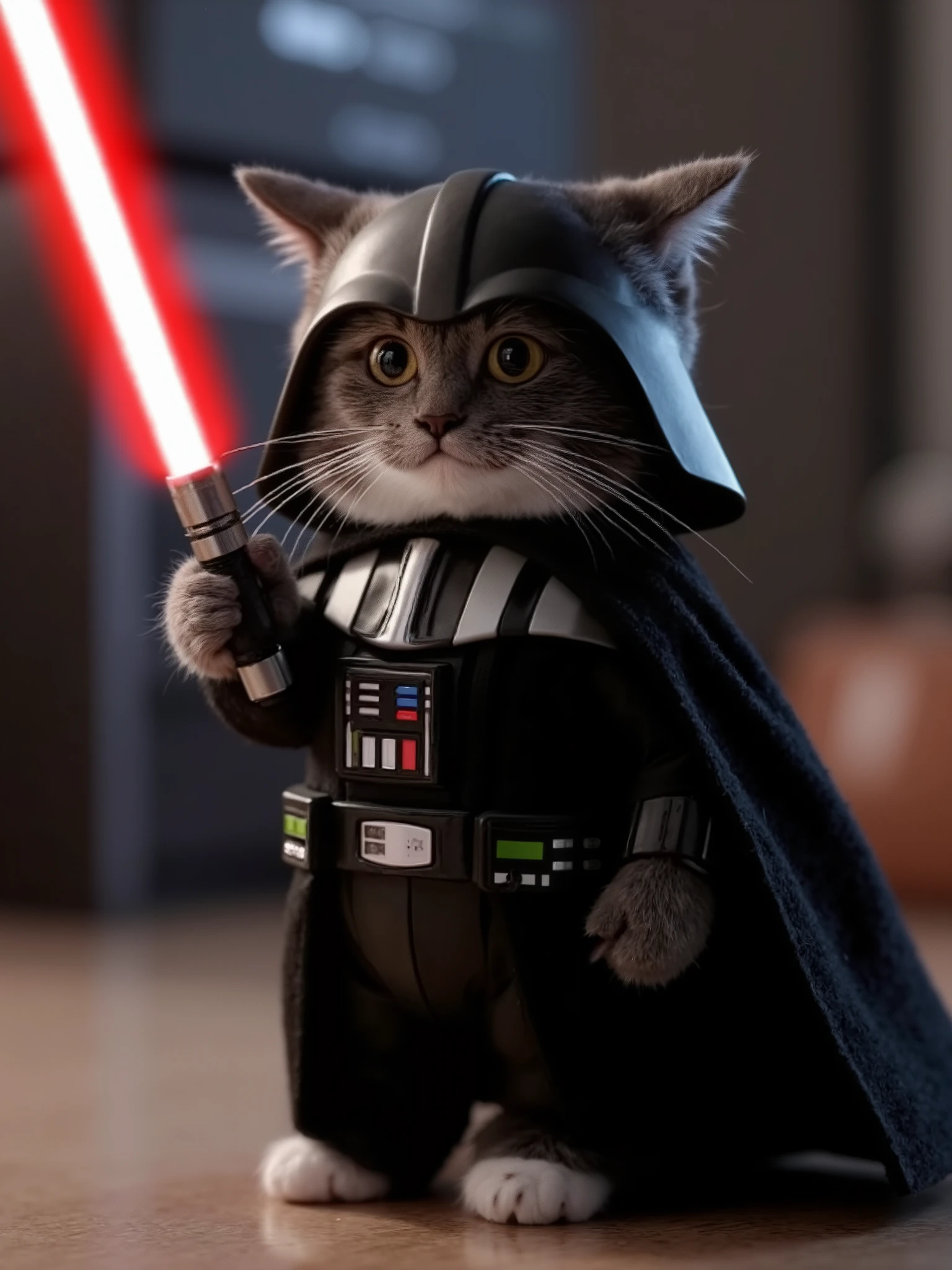 A picture of a cute cat, with white spots, full body of the cat, beautiful eyes, wearing a Darth Vader cat costume, Star Wars, open helmet, holding a lightsaber in his paw, you can see the face