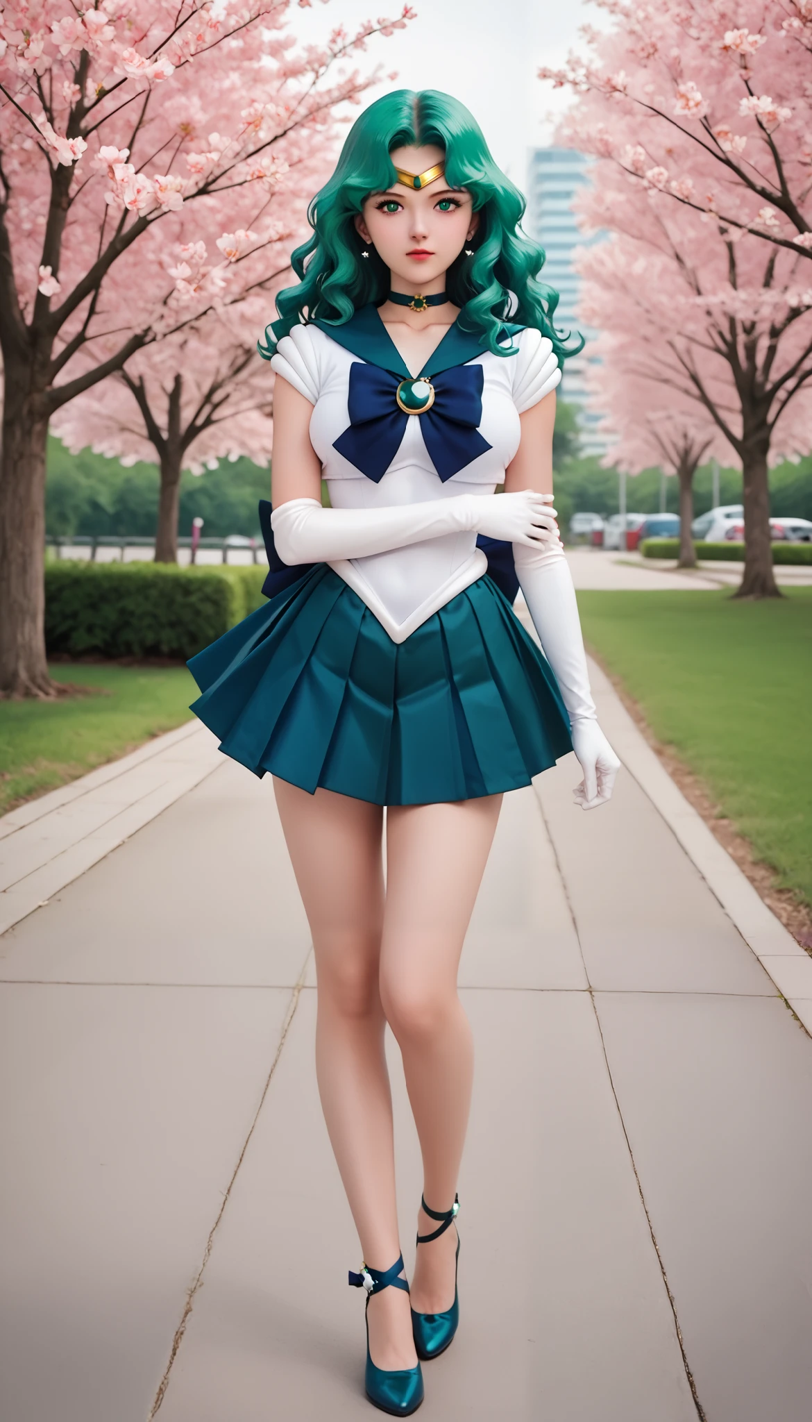 zPDXLrl, score_9, score_8_up, score_7_up, explicit rating, masterpiece, best quality, ultra HD quality details, realistic, 1girl, Sailor Neptune (セーラーネプチューン, Sērā Nepuchūn), Michiru Kaiou, long hair, wavy hair, hair accessories, green hair, parted bangs, green eyes, ribbon, brooch, choker necklace, earrings, elbow gloves, gloves, heart brooch, green brooch, magical girl, dark blue ribbon, green choker necklace, sailor collar, green skirt, pleated skirt, green sailor collar, sailor senshi uniform, skirt, stud earrings, white gloves, full body, long shot, in the park, park path, cherry blossom trees ((on both sides of the path)), round breasts, bright, ((pink underwear)),