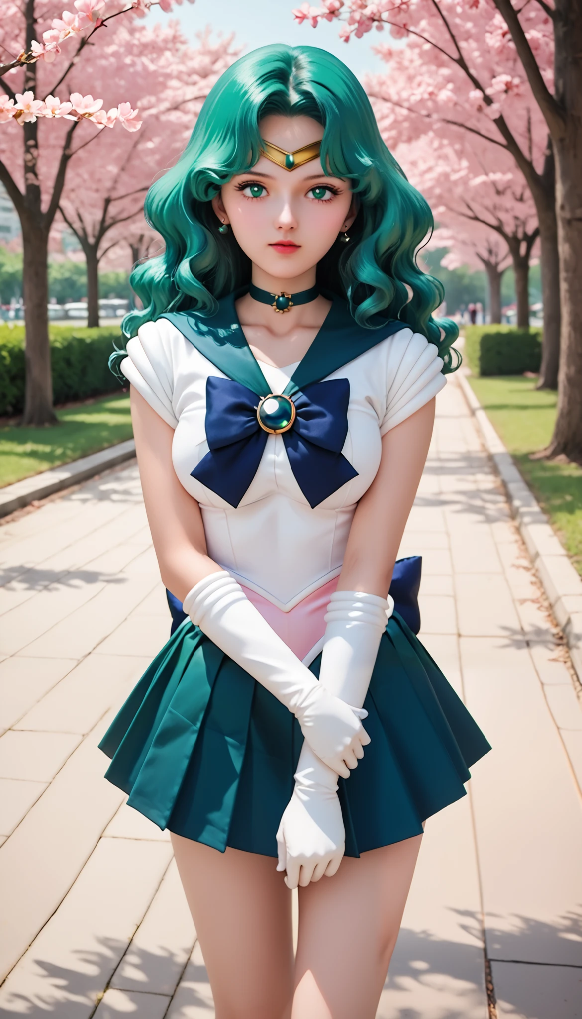 zPDXLrl, score_9, score_8_up, score_7_up, explicit rating, masterpiece, best quality, ultra HD quality details, realistic, 1girl, Sailor Neptune (セーラーネプチューン, Sērā Nepuchūn), Michiru Kaiou, long hair, wavy hair, hair accessories, green hair, parted bangs, green eyes, ribbon, brooch, choker necklace, earrings, elbow gloves, gloves, heart brooch, green brooch, magical girl, dark blue ribbon, green choker necklace, sailor collar, green skirt, pleated skirt, green sailor collar, sailor senshi uniform, skirt, stud earrings, white gloves, full body, long shot, in the park, park path, cherry blossom trees ((on both sides of the path)), round breasts, bright, ((pink underwear)),