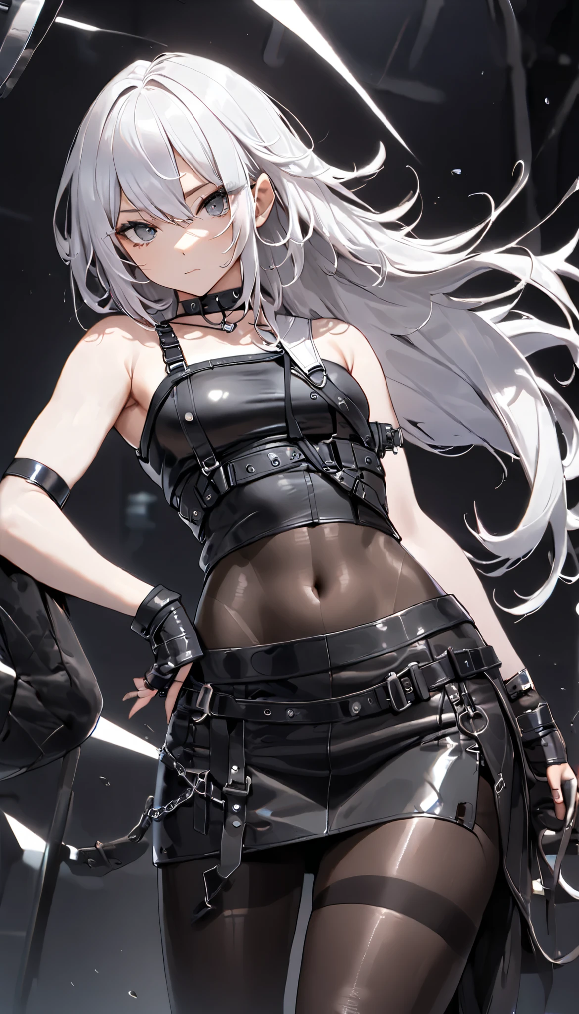 1 girl、long legs,Silver Hair、Dark brown eyes、Shining Eyes、Crop top、mini skirt、Parted lips、1woman wearing trendy clothes, in an abstract oil painting style, fashion show, The painting is ultra-high detailed and has a resolution of 8k, showcasing the best quality and craftsmanship,with a touch of fog, creating a mysterious atmosphere , luminous design, vivit colours,spring lights,Artistic,azure, red, (Bare legs:1.1), (black high heels), black short skirt
