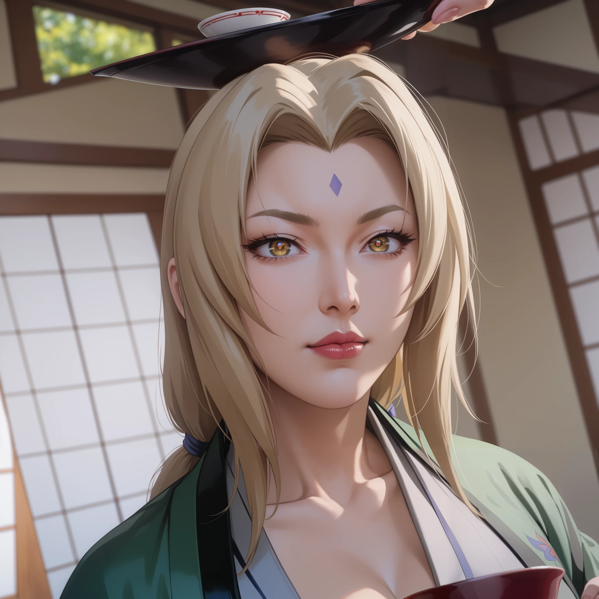 score_9,score_8_up,score_7_up,high res image,masterpiece,best quality,realistic,mature female,Tsunade,t5un4d3,Light yellow long hair,blue purple mark on forehead,light yellow thin short eyebrows,bright brown pupils,light red lips,dark green jacket,long sleeves,collarbone,grey kimono,blue obi,blue pants,(hanging breasts:1.1),(huge breasts:1.2),(drink japanese sake:1.3),