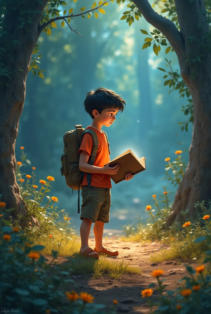 The boy sits under a tree on a quiet road, resting after walking for a while. His backpack lies open, and he pulls out a small, old leather-bound diary. The sun is setting in the background, casting long shadows, and the boy’s expression shows curiosity mixed with a slight smile, thinking he has found something valuable.