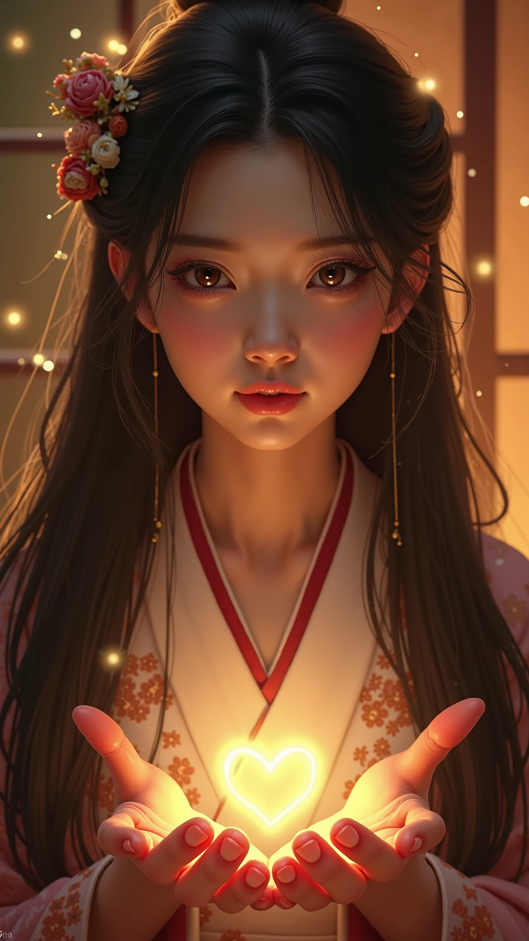 a lovely closeup portrait with bright tone of a dreamy miss with serene face details, and clear eyes wearing an embroidered pajama at a cozy candle lit bedroom by Irakli Nadar