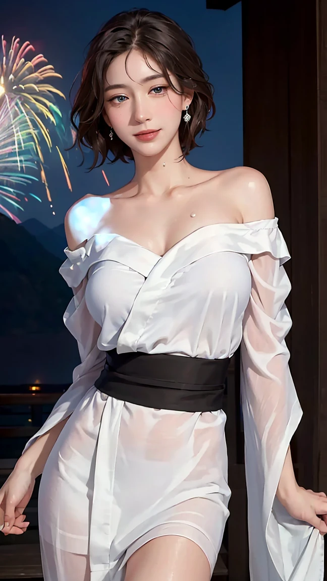((((masterpiece, best quality, high resolution)))), (1girl:1.5), ((short silky hair, white hair, purple eyes, sharp eyes, choker)), (average breasts:1.2), blush, (cheeky smile, parted lips), glow, thighs, bare shoulders, collarbone, narrow waist, (slender body figure), (beautiful detailed face, beautiful detailed eyes), ((white satin nightgown, thin material)), (standing up), looking at viewer, nighttime, bedroom