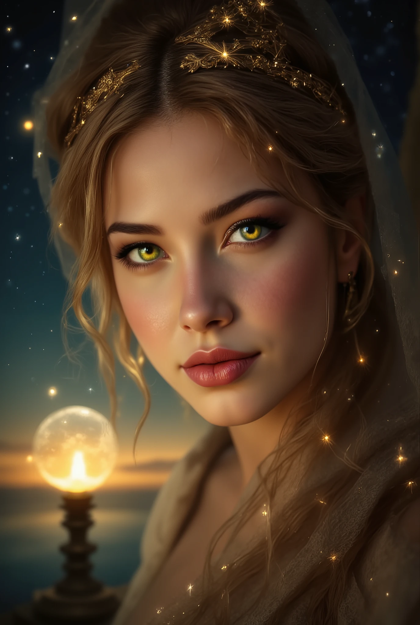 Rembrandt style , charming girl, with fresh hair and pretty eyes Gently green , smile and light makeup curvy body shapes , beautiful rich colors , hair beautiful with the glitter of stars , against the starry sky with beautiful moonglow , beautiful gentle light emanates from the girl , very beautiful and breathtaking , everything is depicted in a beautiful painting with gold headbands and petal patterns, 8 k, Better quality , complicated details, Lots of Details , masterpiece, Perfect work of art ,