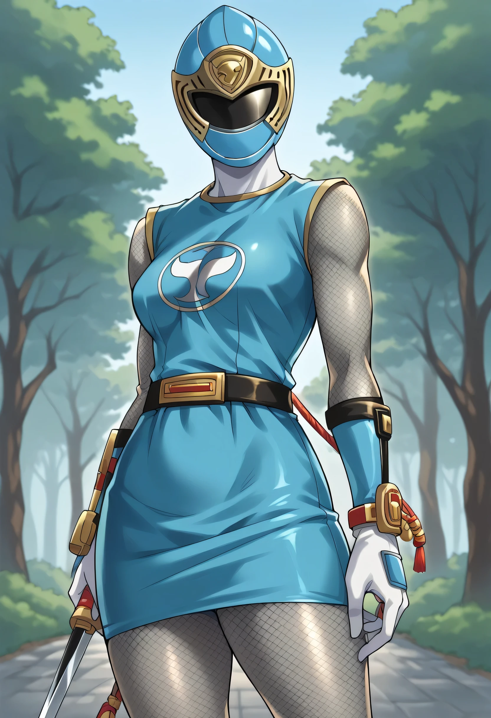 1girl, solo, super sentai, ninja, short dress, sleeveless, fishnets, Fishnet Pantyhose, fishnet armwear, skirt, belt, gloves, helmet, visor, outdoors, epic background, score_8_up, score_7_up, score_6_up, score_5_up, score_4_up, BREAK source_anime, masterpiece,