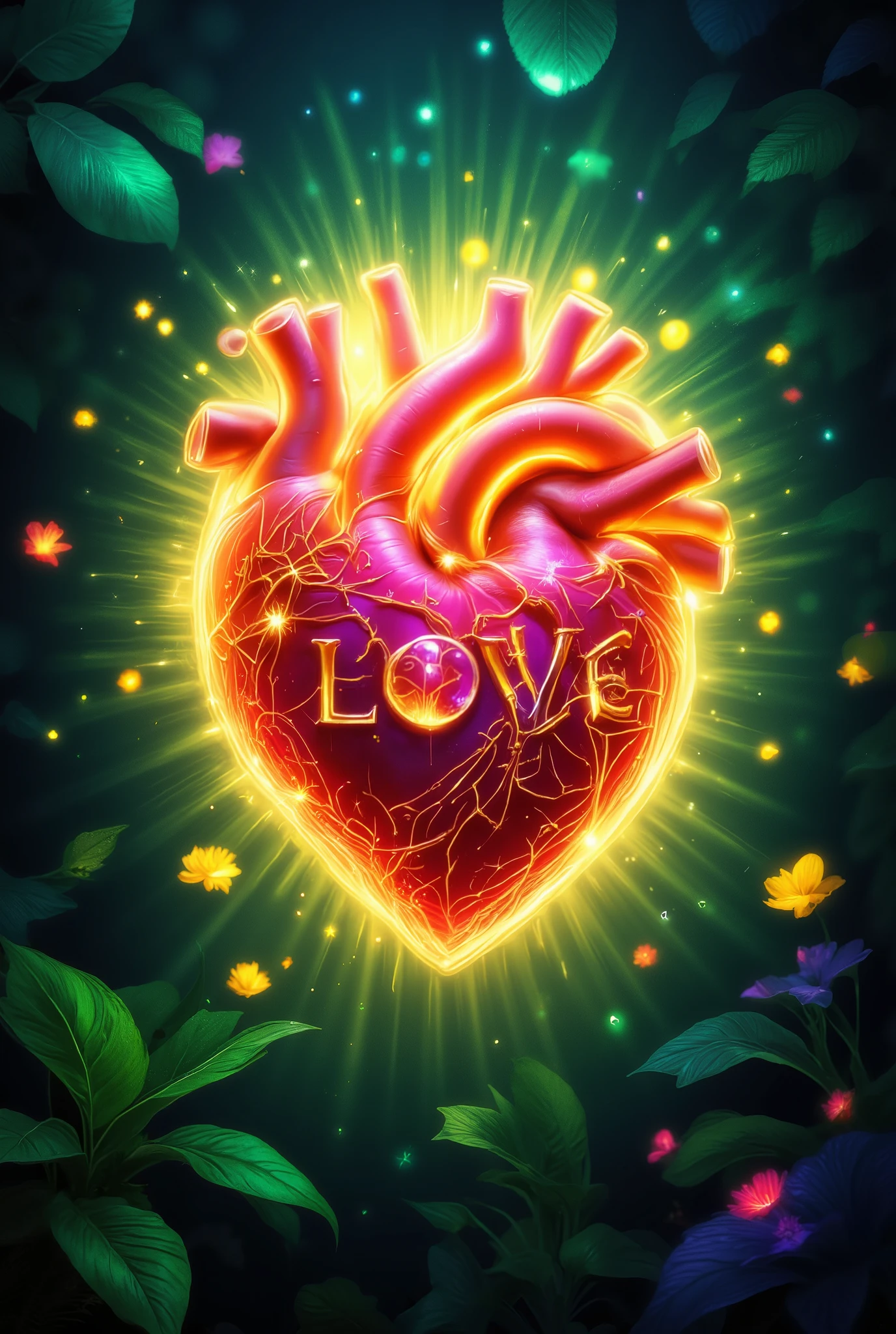 A beautiful heart with light and warm colors , bright colored magic patterns write the text Love against the background of a neon glow of flowers and beautiful shades of lush tropical leaves, masterpiece, 8 k, the best, the quality is very good ,