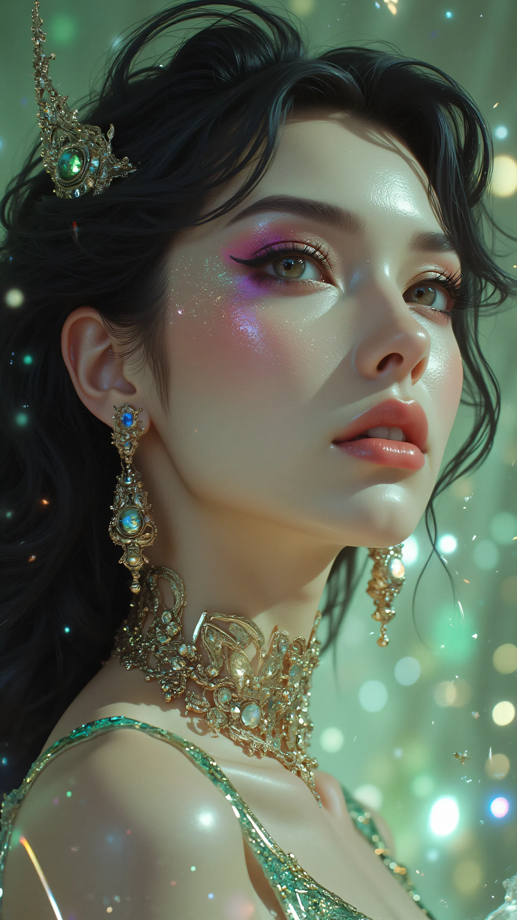 80’s glam rock makeup on shiny face, asian girl, anime, 2.5D, moody lighting, (green, pink, gold), pretty, sexy, minimal, sleek, slender, asian, elegant, futuristic, retro, sophisticated half human half machine, Kizi,(eyes looking off to side), Highly detailed, Amazing work,Vitreous luster, blues, yellows, Best quality at best,shiny skin, no background, colorful background, green background, pink background, gold, background, plunging neckline, sexy pose, dynamic pose, heavy blushing, huge breasts, colorful, color splash, neon colors, colorful background, abstract background, ethereal, glitter,