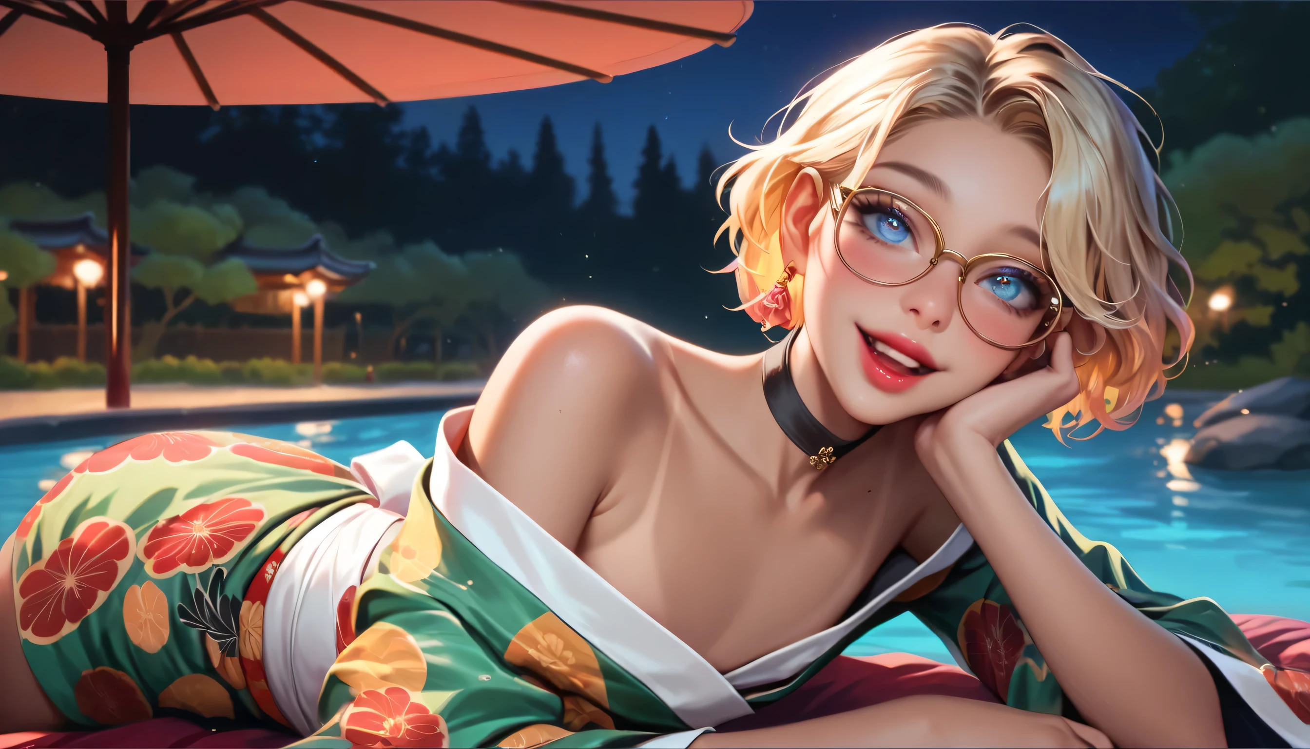 hyperrealistic, detailed face, toned blonde femboy, blond eyes, slim, male, feminine touch, blond open short hair, tanned, slight tan lines, lipgloss, happy but exhausted, looking over a lake in awe, at night, japanese park, lounging on the ground, showing the piece sign, ribbon in the hair, glasses, long golden earrings, black choker, intense lipstick, wearing a colorful yukata, blue eyes, white sash