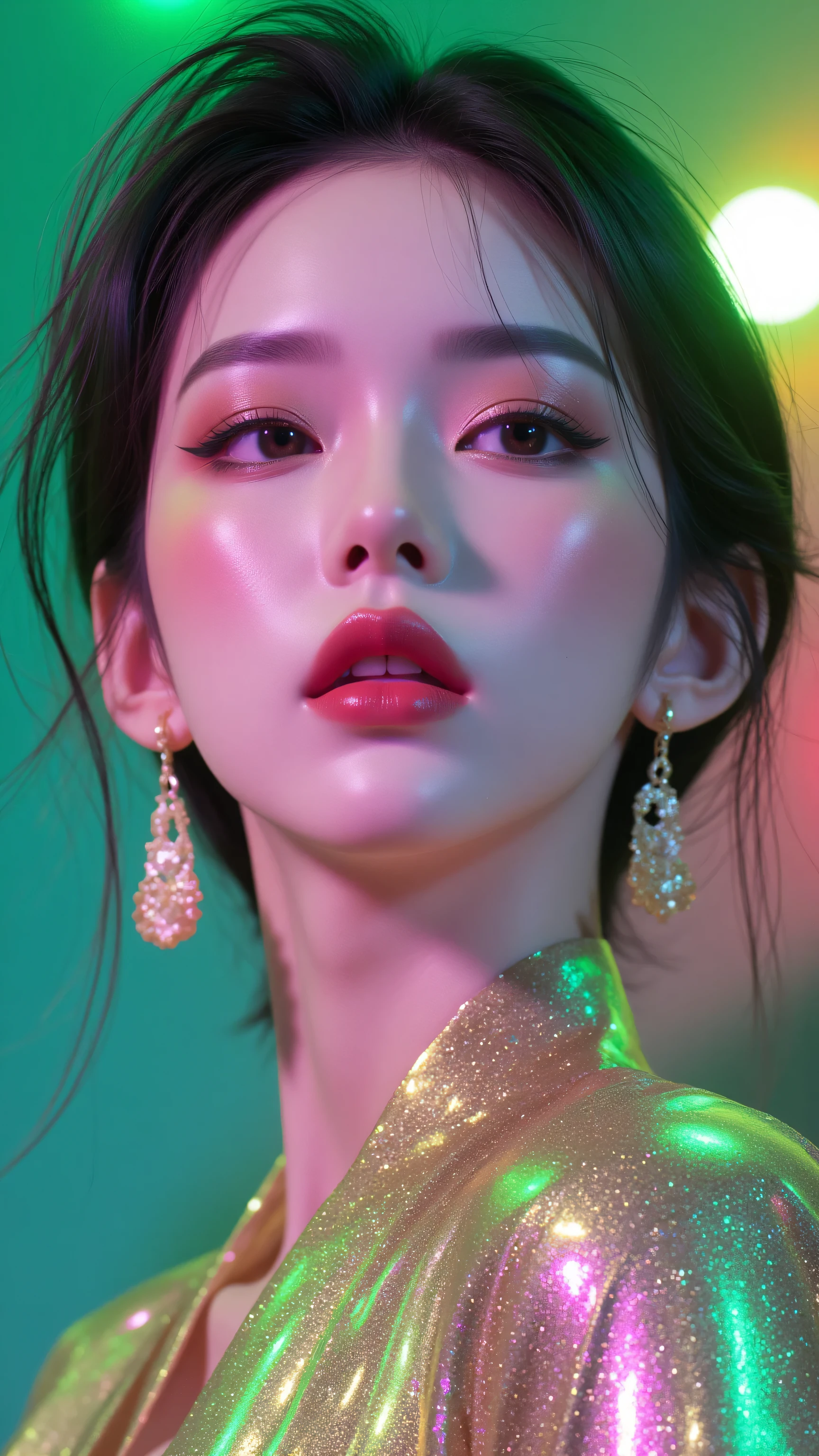 80’s glam rock makeup on shiny face, asian girl, anime, 2.5D, moody lighting, (green, pink, gold), pretty, sexy, minimal, sleek, slender, asian, elegant, futuristic, retro, sophisticated half human half machine, Kizi,(eyes looking off to side), Highly detailed, Amazing work,Vitreous luster, blues, yellows, Best quality at best,shiny skin, no background, colorful background, green background, pink background, gold, background, plunging neckline, sexy pose, dynamic pose, heavy blushing, huge breasts, colorful, color splash, neon colors, colorful background, abstract background, ethereal, glitter,
