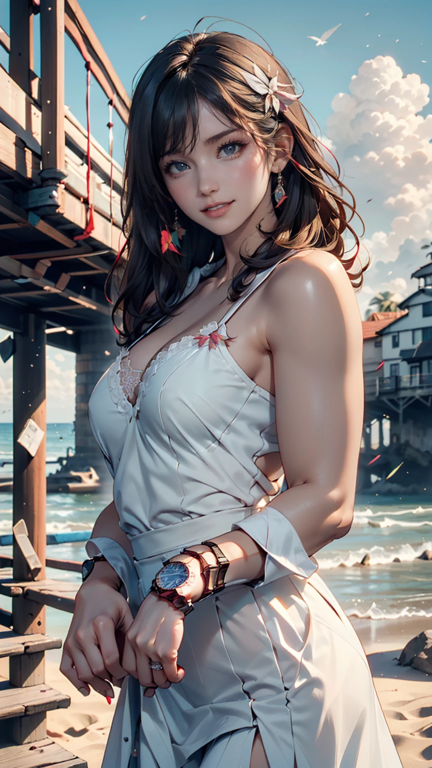 masterpiece, Highest quality,Kentucky Fried Chicken, One girl, 前hair, just_shoulder, skirt, chest, gloves, jewelry, big_chest, length_hair, length_sleeve, pantyhose, purple_eye, purple_hair, shirt, alone,Audience,sunglasses,bikini, (sun, cloud,A renaissance city on the waterfront,Outdoor :1.1),Rendering with Blender((Isoscale))、Sexy proportions、Narrow waist、Erotic female body、Long eyelashes、Dark eyeshadow