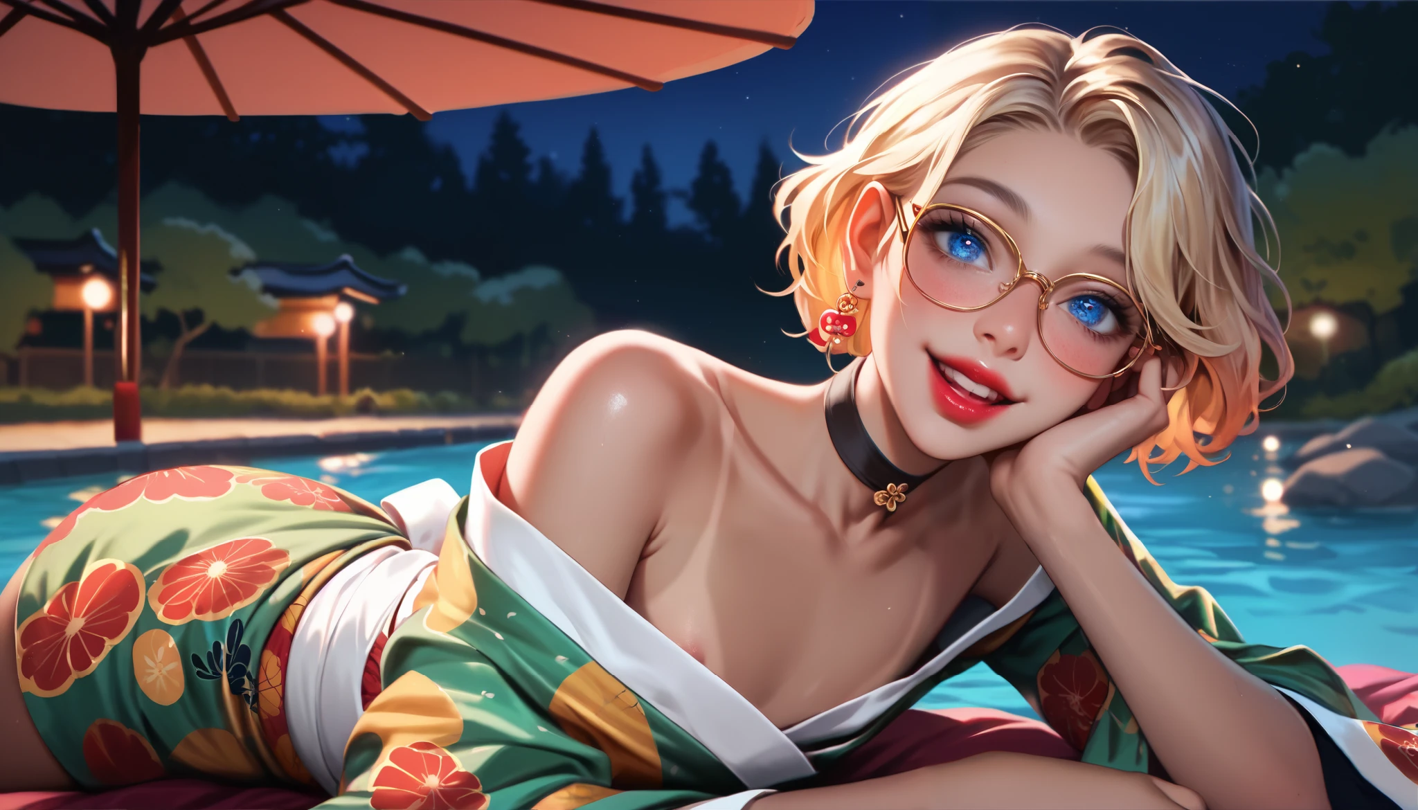 hyperrealistic, detailed face, toned blonde femboy, blond eyes, slim, male, feminine touch, blond open short hair, tanned, slight tan lines, lipgloss, happy but exhausted, looking over a lake in awe, at night, japanese park, lounging on the ground, showing the piece sign, ribbon in the hair, glasses, long golden earrings, black choker, intense lipstick, wearing a colorful yukata, blue eyes, white sash