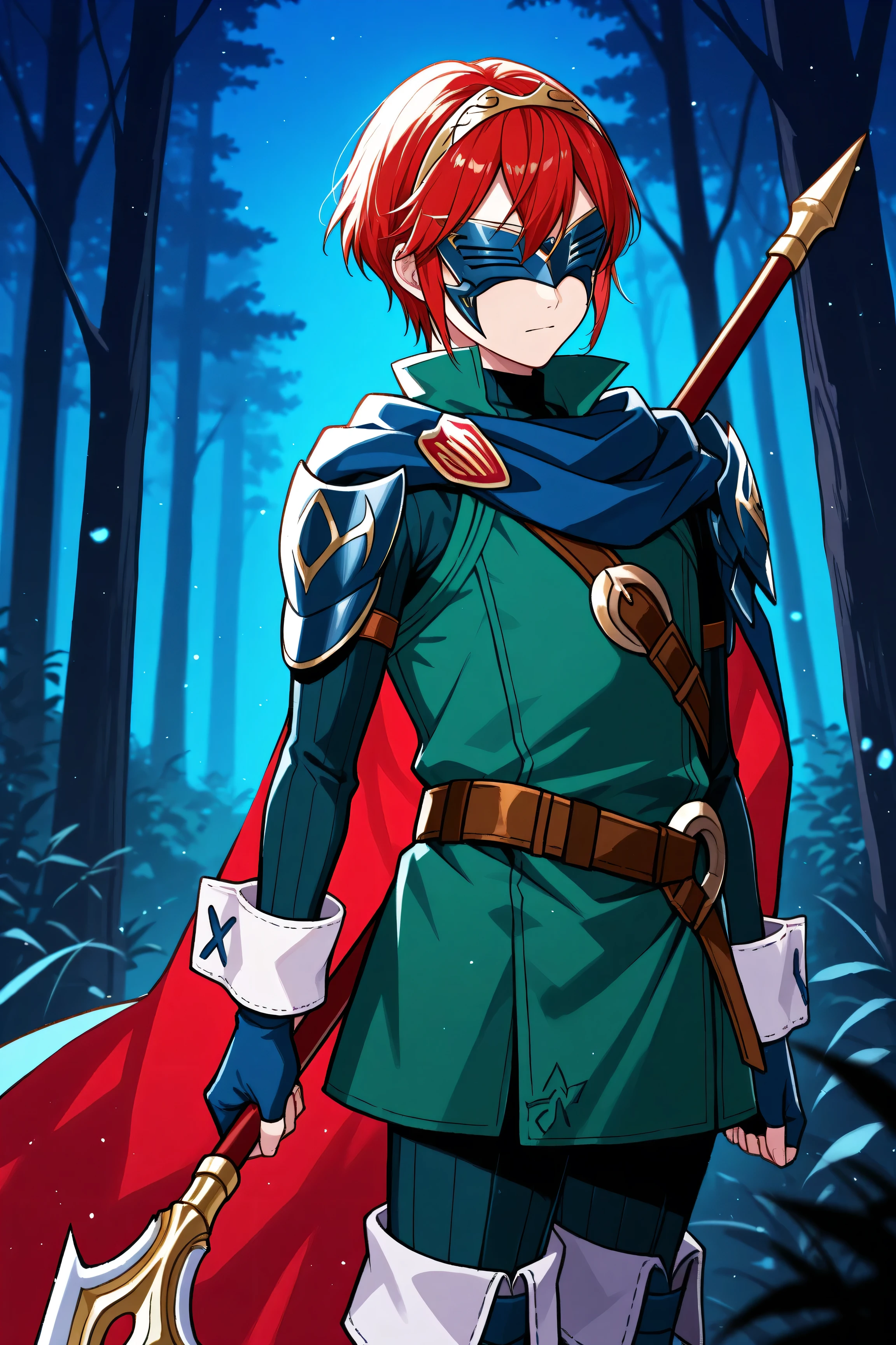 masterpiece, best quality, 1boy, solo,  dfLuc, short hair, red hair, tiara, mask, covered eyes, cape, blue scarf, green tunic, long sleeves, cuffs, fingerless gloves, belt, green pants, thigh boots, full body, forest, looking to the side, holding spear, night, chiaroscuro