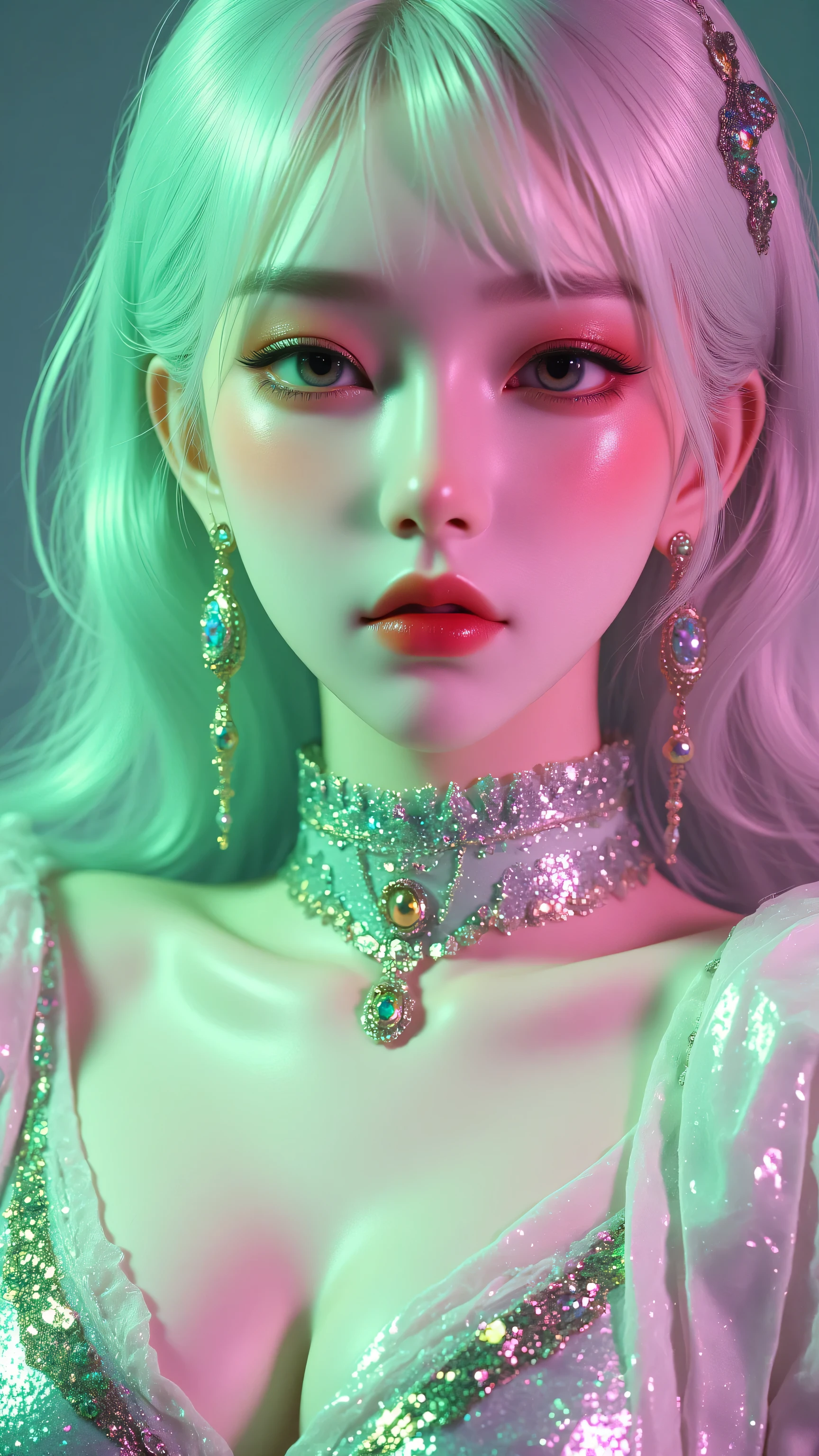 80’s glam rock makeup on shiny face, asian girl, anime, 2.5D, moody lighting, (green, pink, gold), pretty, sexy, minimal, sleek, slender, asian, elegant, futuristic, retro, sophisticated half human half machine, Kizi，(eyes looking off to side), Highly detailed, Amazing work，Vitreous luster, blues, yellows, Best quality at best，shiny skin, no background, colorful background, green background, pink background, gold, background, plunging neckline, sexy pose, dynamic pose, heavy blushing, huge breasts, colorful, color splash, neon colors, colorful background, abstract background, ethereal, glitter, 