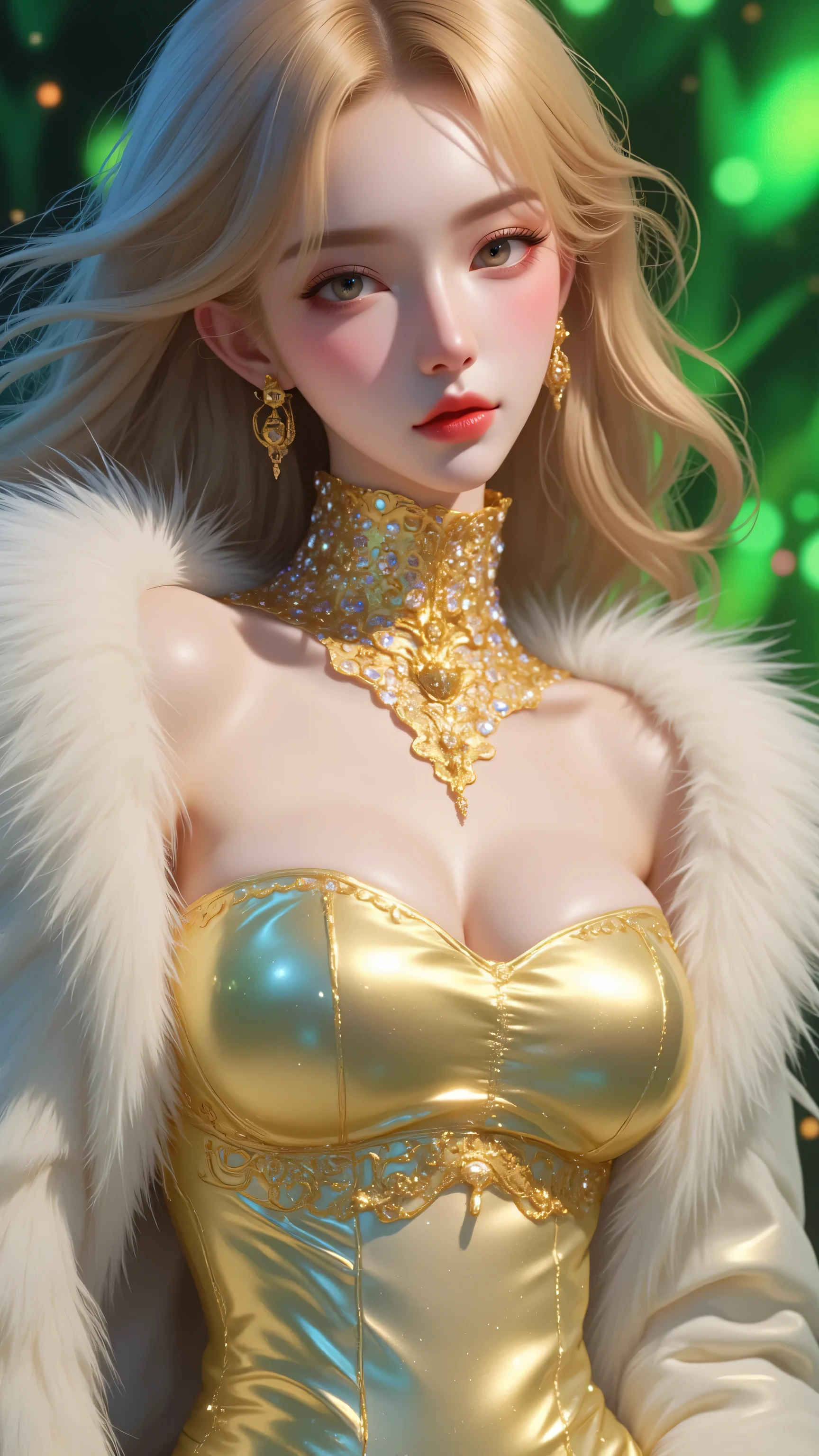 80’s glam rock makeup on shiny face, asian girl, anime, 2.5D, moody lighting, (green, pink, gold), pretty, sexy, minimal, sleek, slender, asian, elegant, futuristic, retro, sophisticated half human half machine, Kizi,(eyes looking off to side), Highly detailed, Amazing work,Vitreous luster, blues, yellows, Best quality at best,shiny skin, no background, colorful background, green background, pink background, gold, background, plunging neckline, sexy pose, dynamic pose, heavy blushing, huge breasts, colorful, color splash, neon colors, colorful background, abstract background, ethereal, glitter,
