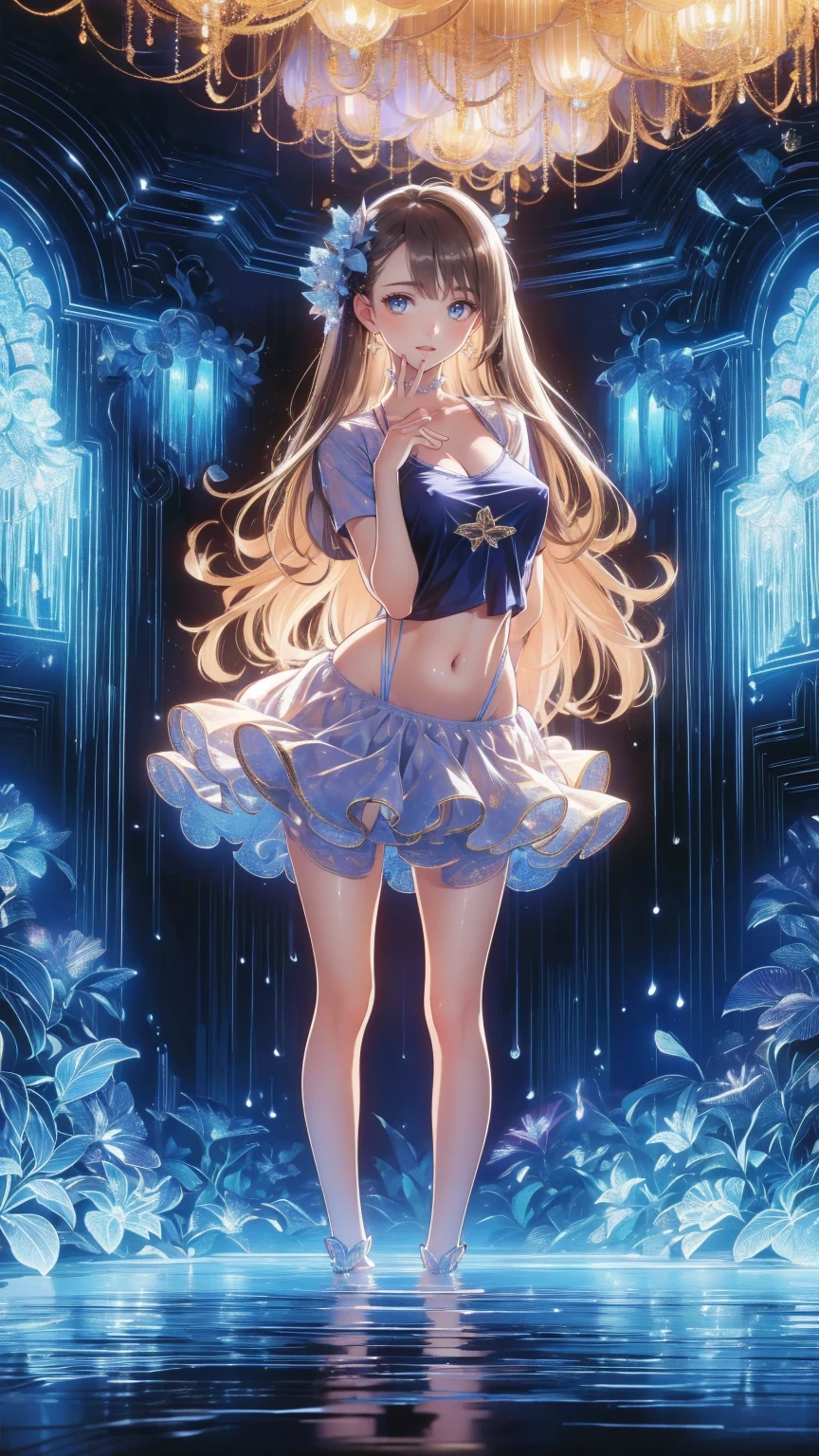 1girl,two side up,long hair,blonde hair,medium breasts,turquoise eyes,bioluminescent dress,dark background,cowboy shot,