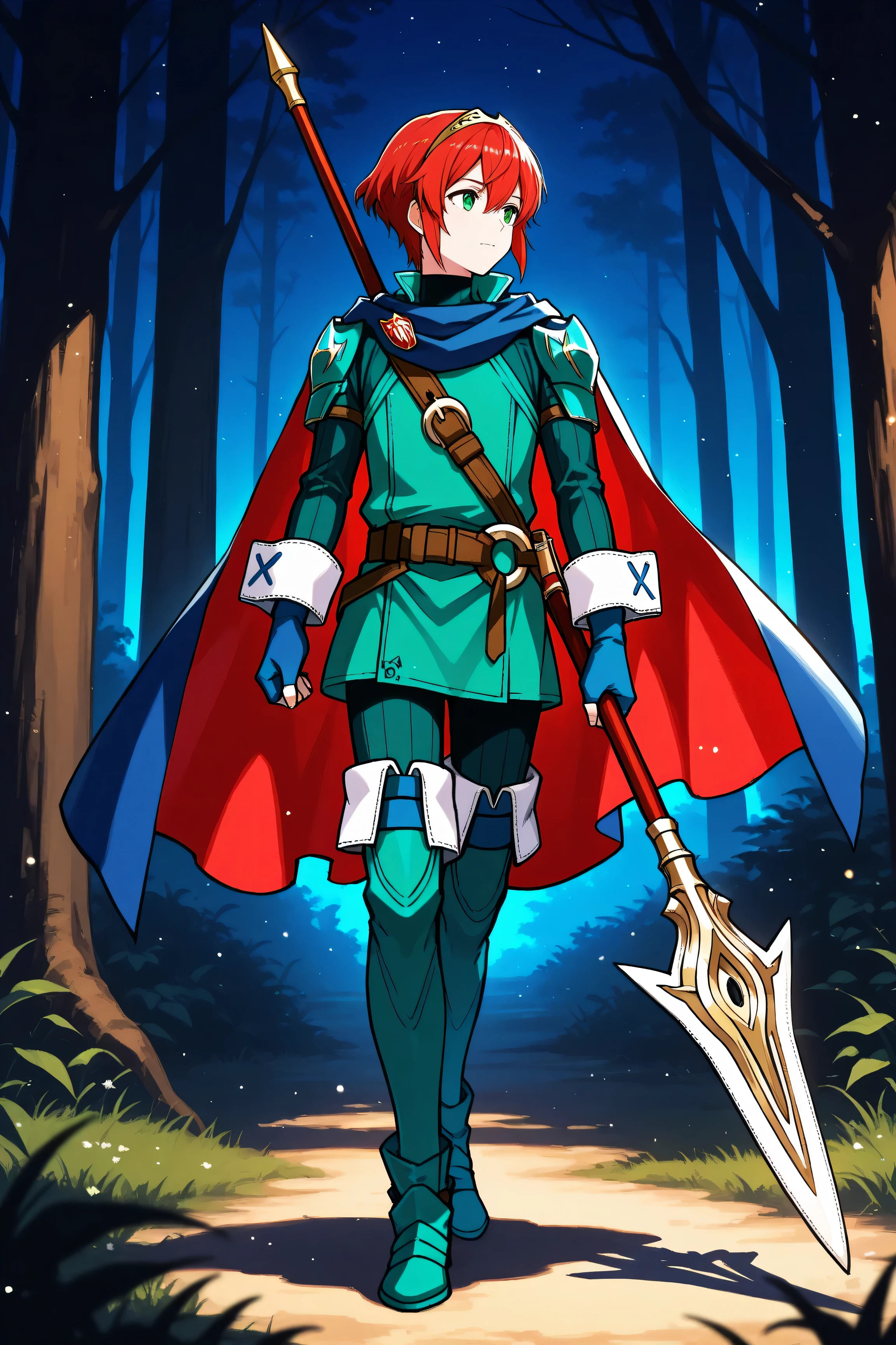 masterpiece, best quality, 1boy, solo,  dfLuc, short hair, red hair, tiara, green eyes, cape, blue scarf, green tunic, long sleeves, cuffs, fingerless gloves, belt, green pants, thigh boots, full body, forest, looking to the side, holding spear, night, chiaroscuro