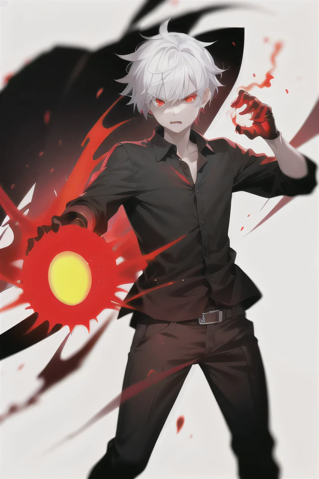 young boy with white hair and red eyes, There is ugliness in beauty, But there is also beauty in ugliness, In the style of Adrian Ghenie, Esao Adrews, Jenny Saville, Edward Hopper, surrealism, Dark Art par James Jean, Takato Yamato, Minimalism inkpunk