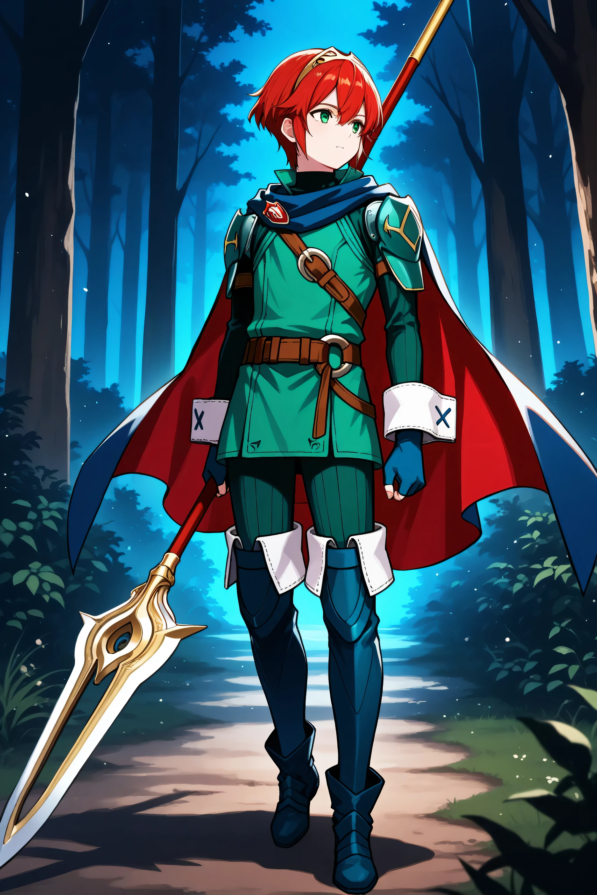 masterpiece, best quality, 1boy, solo, dfLuc, short hair, red hair, tiara, green eyes, cape, blue scarf, green tunic, long sleeves, cuffs, fingerless gloves, belt, green pants, thigh boots, full body, forest, looking to the side, holding spear, night, chiaroscuro