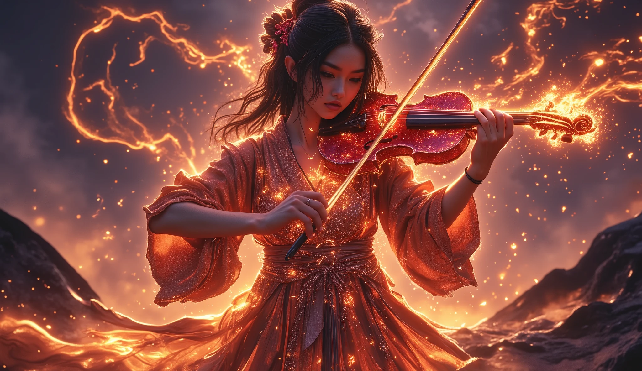 Aimi (Japanese woman) in a robe plays an electric violin (playing a metal melody) with sparkling energy on stage above a volcano, flashes of fire and lightning, sparks, realistic fantasy, and fiery, realistic epic masterpiece picture, picture of very distant, full body portrait.