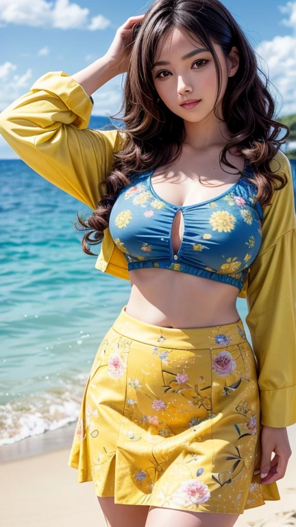 Ultra-realistic, 4K, Professional photos, 22-year-old girl, Big Curly Hair, High resolution, Detailed face, Medium bodied, Yellow floral skirt, (Open blue shirt), masterpiece, (Lighting), (1 Solo), Beach Background, Realistic Background, Realistic photos Sweaty Big Breasts Swimwear