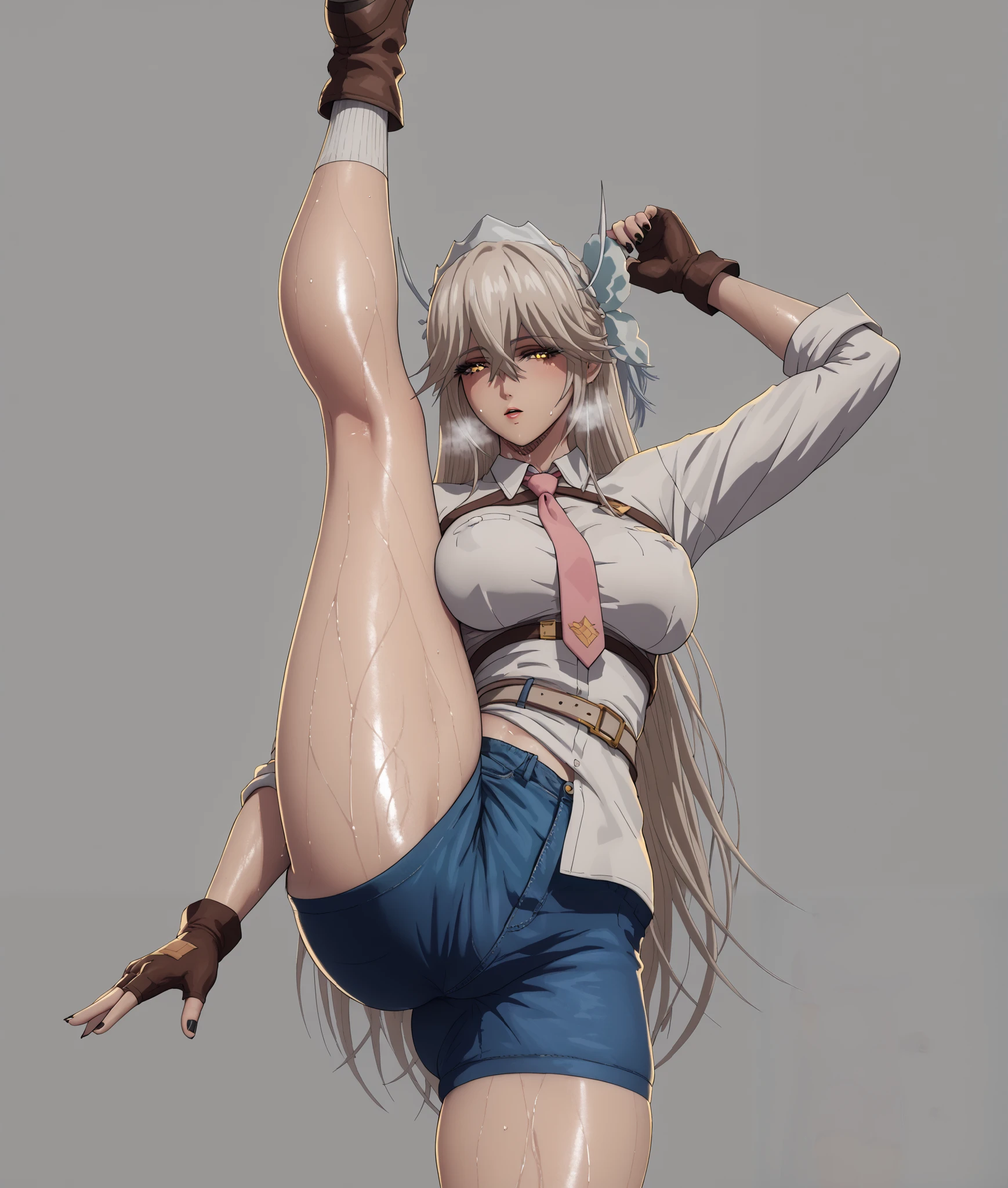 score_9, score_8_up, score_7_up, score_6_up, uncensored, vicius, long hair, bangs, hair ornament, hair between eyes, medium breasts, very long hair, yellow eyes, anime coloring, anime screencap, shiny skin, (voluptuous:1.3), (thick:1.3), BREAK UHD, retina, masterpiece, accurate, anatomically correct, textured skin, super detail, high details, high quality, award winning, best quality, highres, 4K, black nails, makeup, eyelashes, excessive sweating, sweating, sweating drop, (gasping, heavy breathing:1.3), (skindentation:1.2), perfect eyes, beautiful eyes, eyelashes, makeup, detailed body, perfect body, BREAK, 1girl, gloves, solo, fingerless_gloves, shorts, necktie, official_alternate_costume, leg_up, thighs, split, looking_at_viewer, standing_on_one_leg, standing_split, thick_thighs, standing, socks, brown_footwear, kneepits, shirt, pink_necktie, brown_gloves, motion lines, large breasts, 