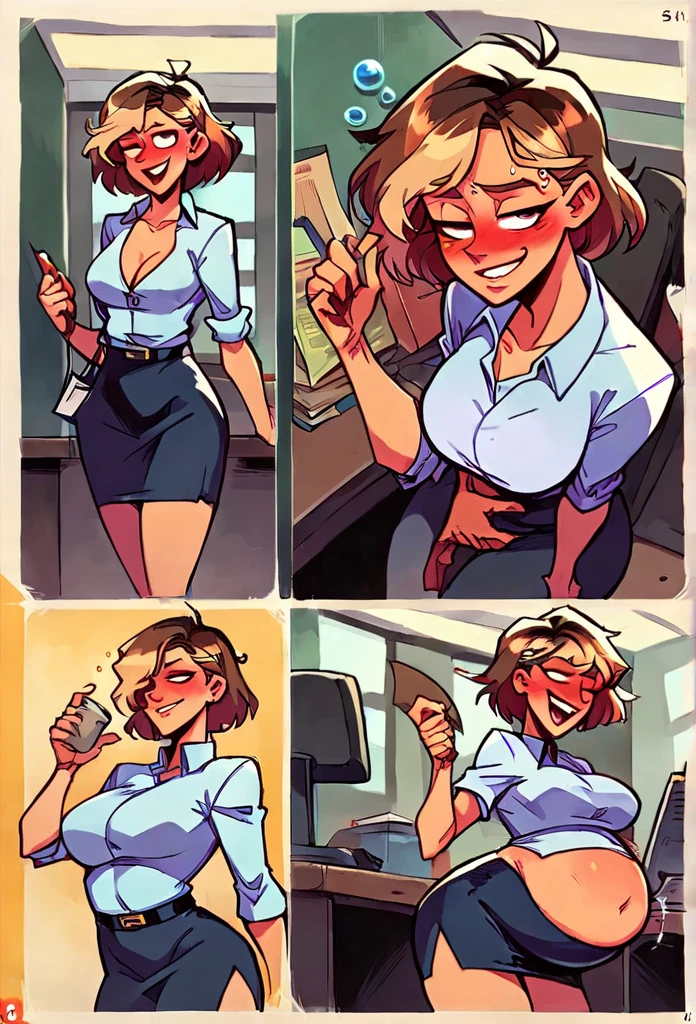 Erotic 6-panel comic, asian woman trying to get promotion by flashing small breasts, seductive, comic, 6 panels, office