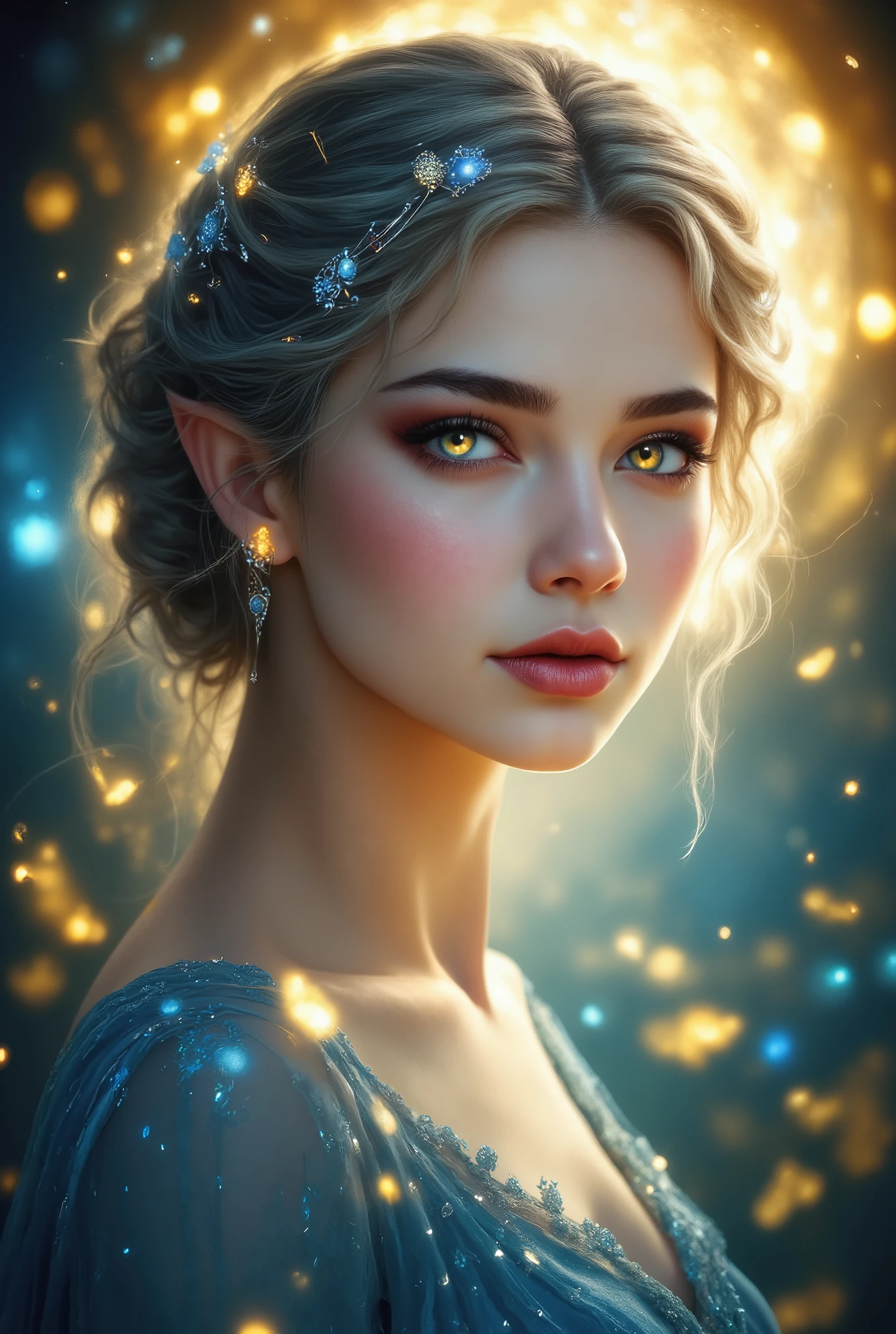 fantasy style, elf girl with beautiful appearance and curly hair with a clip in her hair, beautiful sparkling eyes with soft colors of mysticism , dressed in beautiful leather clothes with small plate armor , background a beautiful haze of gray golden glow , with moonlight and warm blue glow , patterns, masterpiece, 8 k, Better quality , complicated details, Lots of Details ,