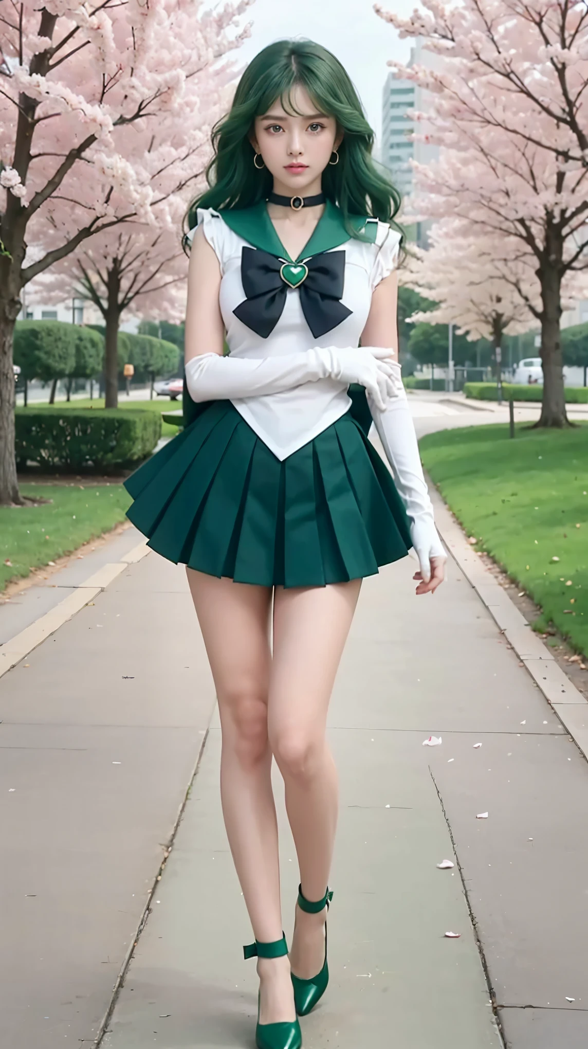 zPDXLrl, score_9, score_8_up, score_7_up, explicit rating, masterpiece, best quality, ultra HD quality details, realistic, 1girl, Sailor Neptune (セーラーネプチューン, Sērā Nepuchūn), long hair, wavy hair, hair accessories, green hair, parted bangs, green eyes, ribbon, brooch, choker necklace, earrings, elbow gloves, gloves, heart brooch, green brooch, magical girl, dark blue ribbon, green choker necklace, sailor collar, green skirt, pleated skirt, green sailor collar, sailor senshi uniform, skirt, stud earrings, white gloves, full body, long shot, in the park, park path, cherry blossom trees ((on both sides of the path)), round breasts, bright, ((green underwear)),