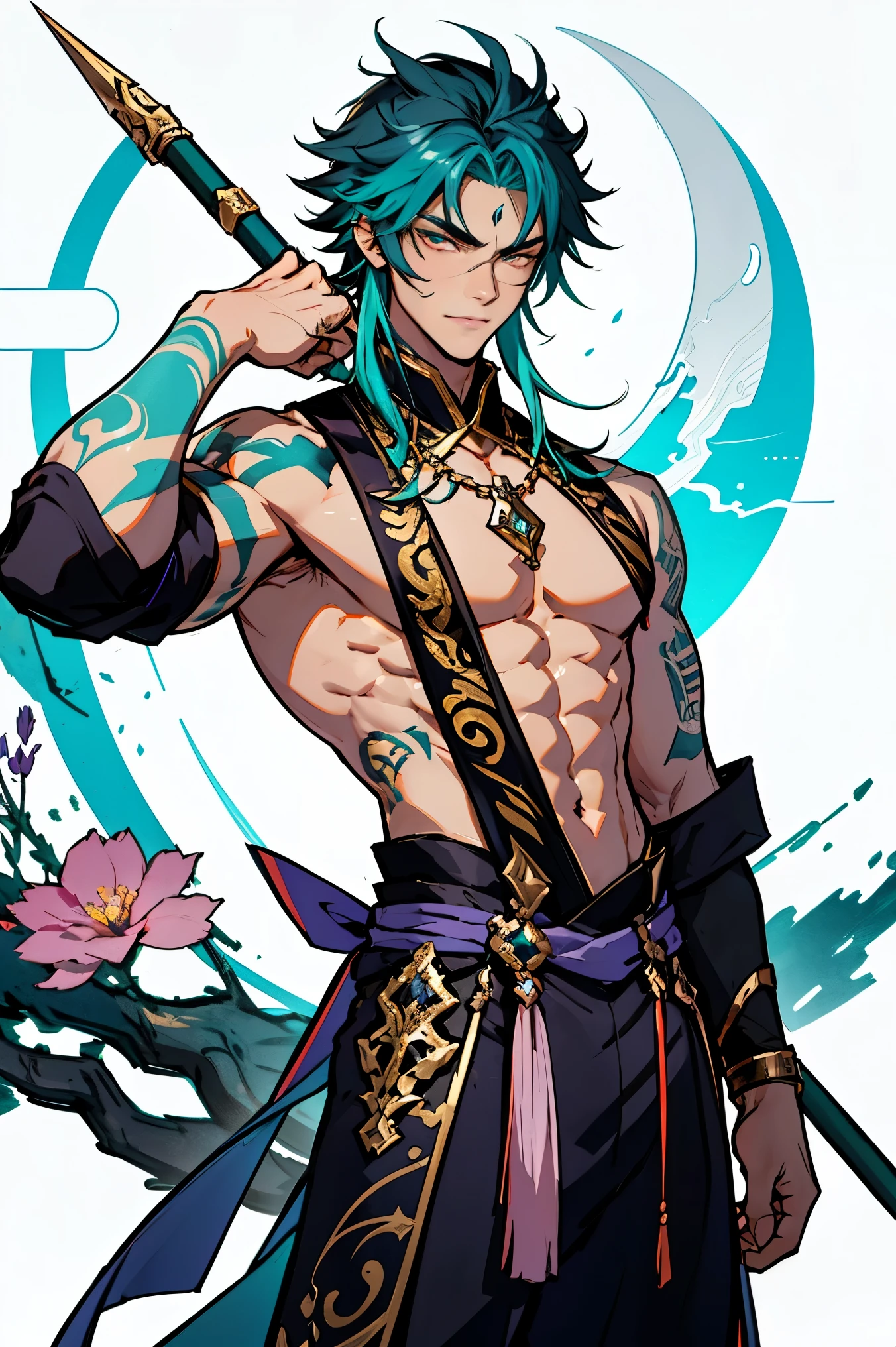 A dynamic anime-style illustration of a tall, slim, yet muscular young male character inspired by Xiao from Genshin Impact. He has sharp facial features, teal gradient hair, and glowing amber eyes. His outfit includes elements of intricate details resembling Xiao's, like a sleeveless top with dark purple and teal colors, paired with ornate accessories and tattoos on his right arm glowing softly. The background features a mysterious, moonlit mountaintop with glowing flowers and mist, creating a serene and magical atmosphere. The character poses confidently with his polearm in hand, blending elegance and strength. Created using: anime style, intricate detailing, vibrant colors, cinematic lighting, and focus on atmosphere. --ar 2:3