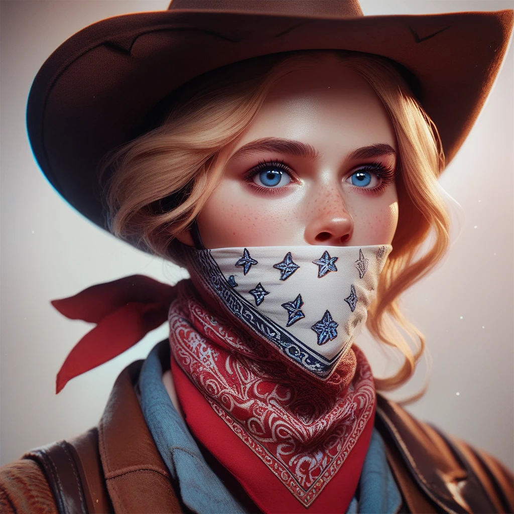1girl, bandana over mouth, bdsm, blue eyes, portrait, looking at viewer