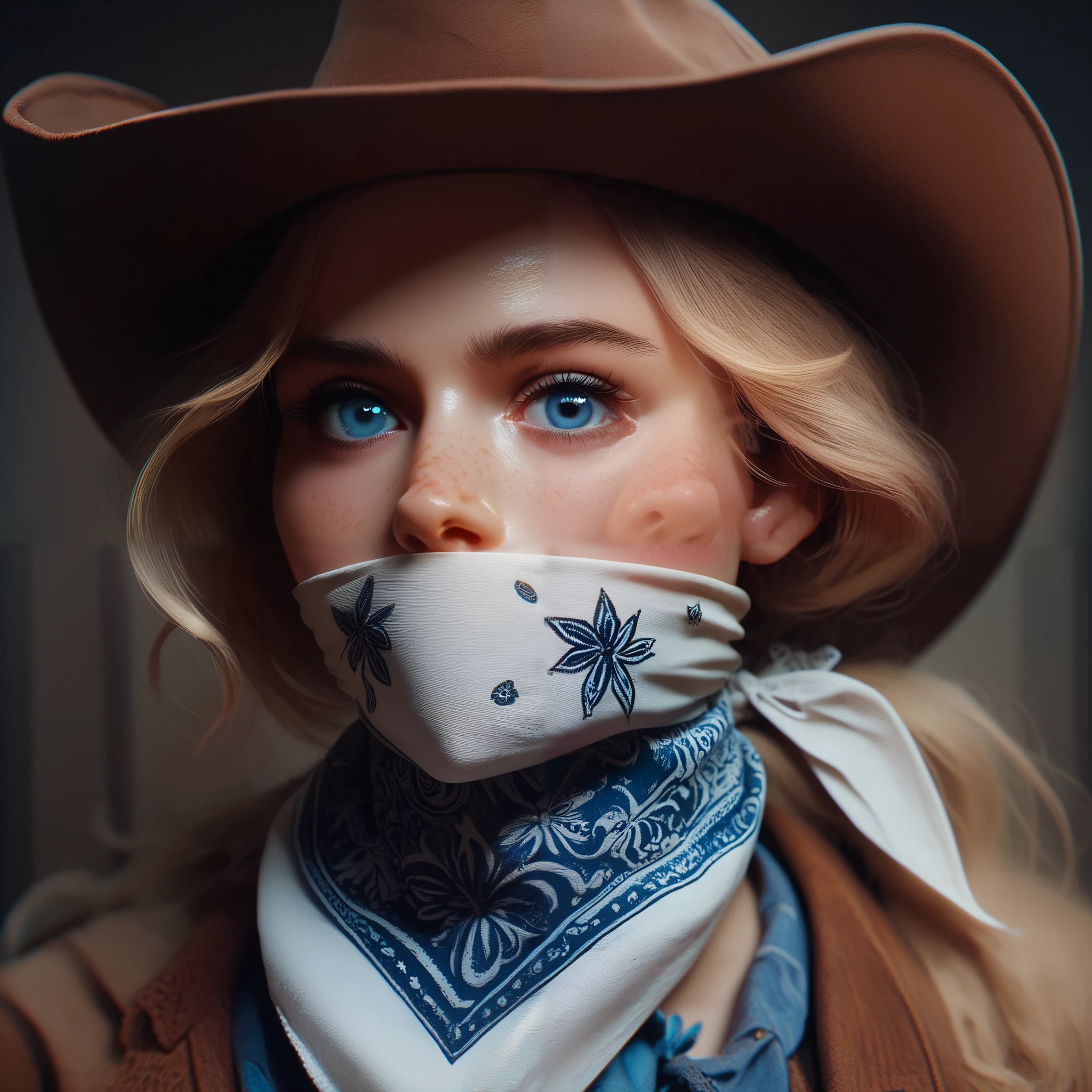1girl, bandana over mouth, bdsm, blue eyes, portrait, looking at viewer
