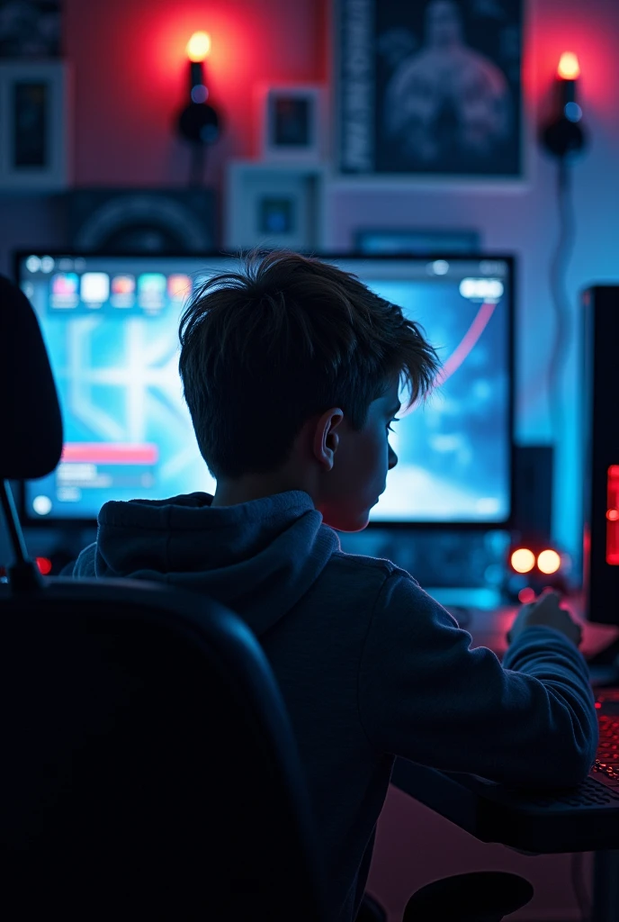 In a small apartment, Um jovem de 25 anos, peter, was intensely focused on a competitive shooter on PC