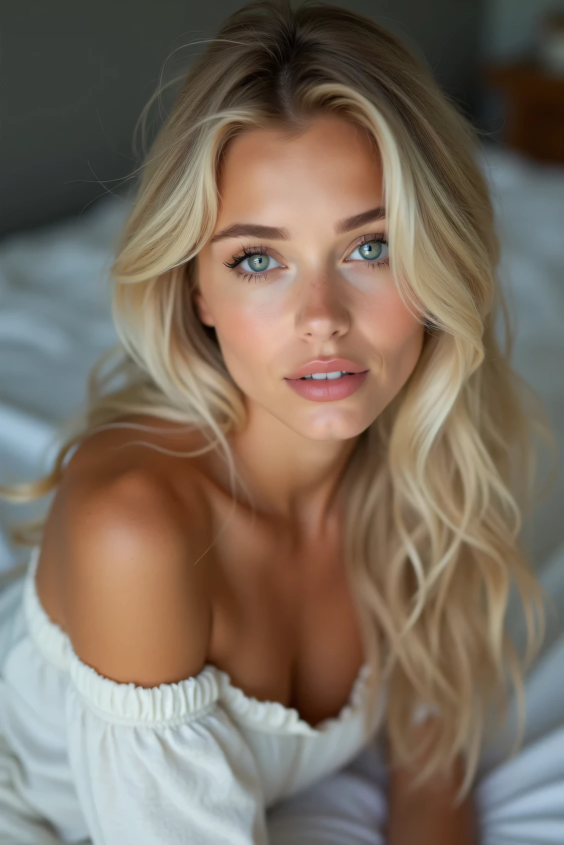 blonde woman with long hair and blue earrings sitting on a bed, belle fille Blonde, belle femme Blonde, Une magnifique Blonde, Blonde belle jeune femme, fille sexy avec de longs cheveux blonds, Swedish blonde woman, Femme Blonde, Blonde, photo of a beautiful woman, soft portrait shot 8 k, blonde and attractive features, longs cheveux blonds et grands yeux, fille Blonde