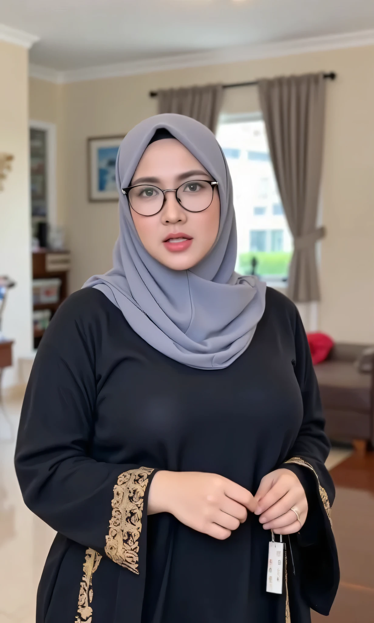(Masterpiece: 1.2, Best Quality), Realistic, (Realistic Picture, Complex Details, Depth of Field), Best Quality, Masterpiece, Highly Detailed, Realistic, 1 mature, indonesian old wife, 45 Years Old, chest forward, big breasts, thin lips, beautiful and seductive, curvy body, wearing hijab, wearing tight T-shirts, drawstring, full body view, look at viewer, full photo, background living room, naughty pose, thin round glasses