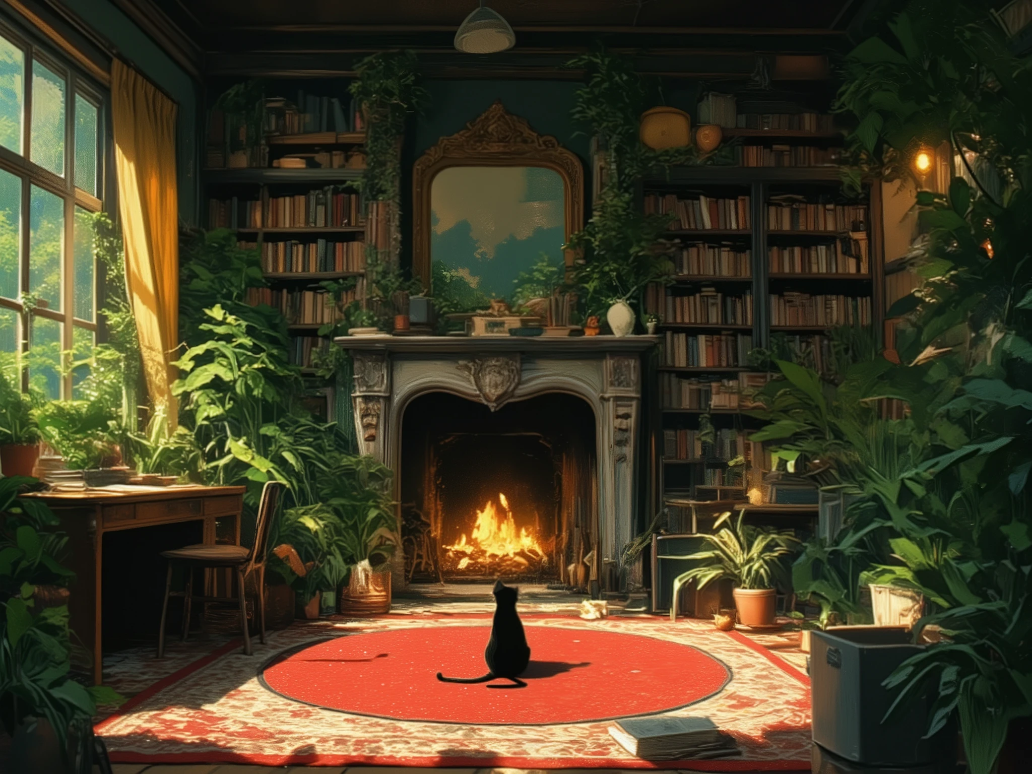 sharp image with fine lines, yellow lights, night in a living room with a window,
large living room from the 80s and 90s, in front of a grand fireplace a round red rug with a black cat on top, a bookshelf full of books with a desk in front, with books on top, several green plants like the plant, Phlebodium decumanum, a black cat among the plants, 8K, inspired by chibi and studio ghibli drawings, an environment that brings peace and tranquility