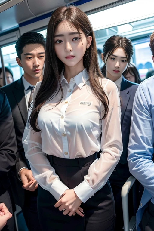(Best quality: 1.1), (Realistic: 1.1), (Photography: 1.1), (highly details: 1.1), (1womanl), Airline flight attendants,Red coat,White shirt,Short skirt,black lence stockings,In the plane,KafkaHKS,Hong Kong,Purple eyes, Purple hair,