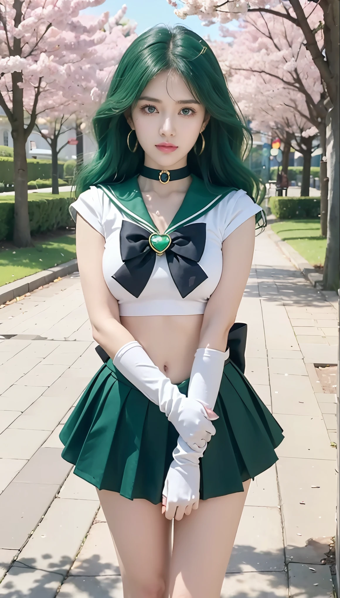 zPDXLrl, score_9, score_8_up, score_7_up, explicit rating, masterpiece, best quality, ultra HD quality details, realistic, 1girl, Sailor Neptune (セーラーネプチューン, Sērā Nepuchūn), big chest, big breasts, big thighs, big arms and hands, long hair, wavy hair, hair accessories, green hair, parted bangs, green eyes, ribbon, brooch, choker necklace, earrings, elbow gloves, gloves, heart brooch, green brooch, magical girl, dark blue ribbon, green choker necklace, sailor collar, green skirt, pleated skirt, green sailor collar, sailor senshi uniform, skirt, stud earrings, white gloves, full body, long shot, in the park, park path, super mini skirt, super tight,   cherry blossom trees ((on both sides of the path)), round breasts, bright, ((green underwear)),