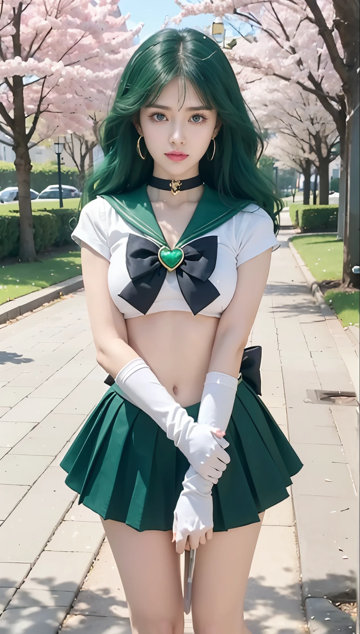 zPDXLrl, score_9, score_8_up, score_7_up, explicit rating, masterpiece, best quality, ultra HD quality details, realistic, 1girl, Sailor Neptune (セーラーネプチューン, Sērā Nepuchūn), big chest, big breasts, big thighs, big arms and hands, long hair, wavy hair, hair accessories, green hair, parted bangs, green eyes, ribbon, brooch, choker necklace, earrings, elbow gloves, gloves, heart brooch, green brooch, magical girl, dark blue ribbon, green choker necklace, sailor collar, green skirt, pleated skirt, green sailor collar, sailor senshi uniform, skirt, stud earrings, white gloves, full body, long shot, in the park, park path, super mini skirt, super tight, cherry blossom trees ((on both sides of the path)), round breasts, bright, ((green underwear)),
