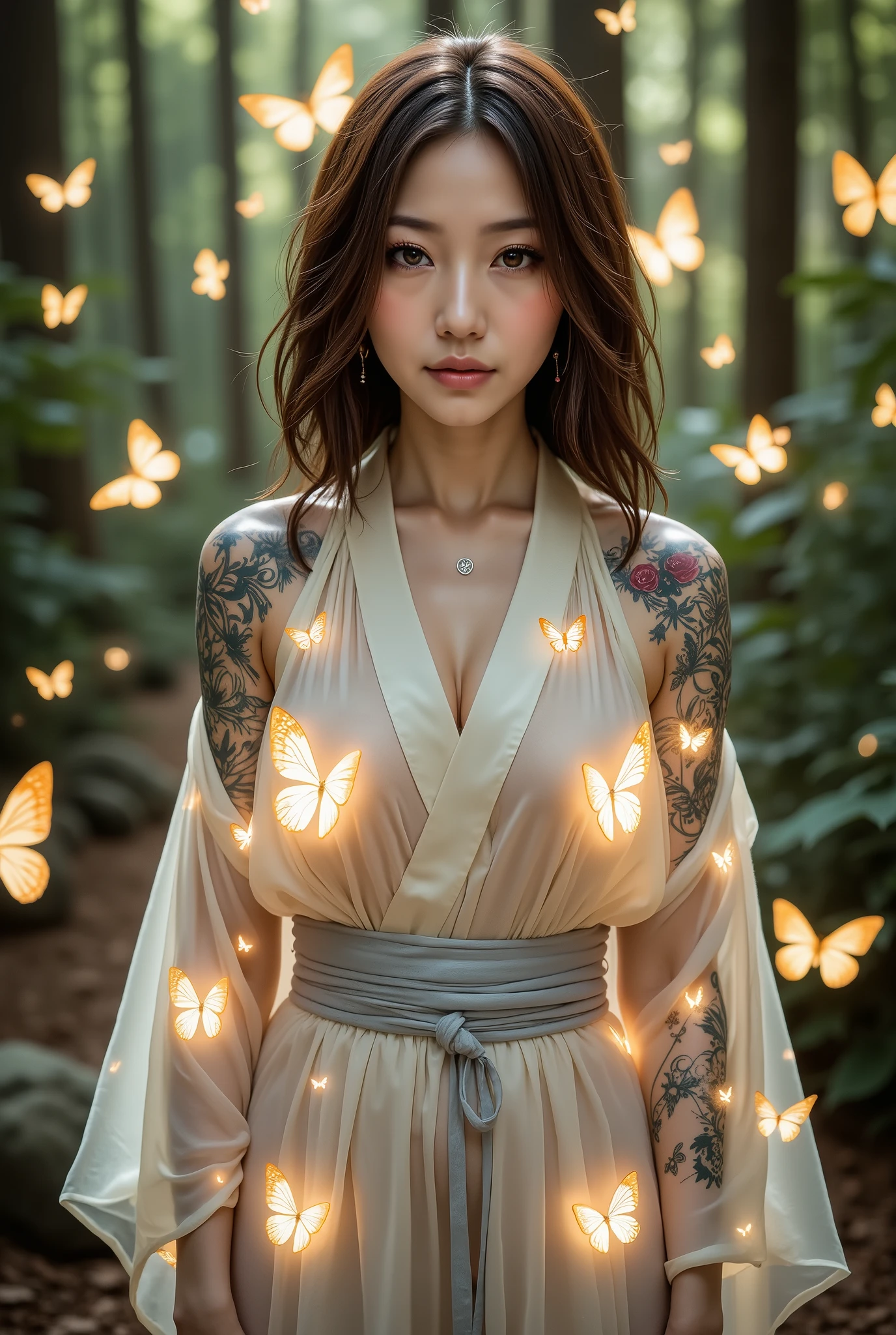 A stunning Japanese woman with intricate full-body tattoos stands in the center of a mystical forest, surrounded by a swarm of glowing butterflies. The butterflies form a radiant, swirling aura around her, as if they are an extension of her own energy. Her tattoos shimmer with a soft, ethereal glow, their intricate patterns resembling butterfly wings, blending seamlessly with the luminous creatures that surround her. The butterflies’ soft light highlights the tattoos on her arms, legs, and torso, making them appear alive, pulsing with energy. The woman’s expression is serene yet strong, as her eyes, filled with quiet determination, gaze into the distance. Her flowing, translucent kimono ripples gently in the breeze, allowing her tattoos to be clearly visible. The scene is enchanting, with the forest bathed in the butterflies' glow, creating a dreamlike, magical atmosphere where the woman and the butterflies coexist in perfect harmony. The air is thick with the energy of the surrounding butterflies, filling the space with a sense of mysticism and wonder. Detailed RAW Photo of a Girl, Masterpiece, Best Quality, Ultra High Resolution, Photoreal, 8K resolution, Very detailed depiction, maximum color