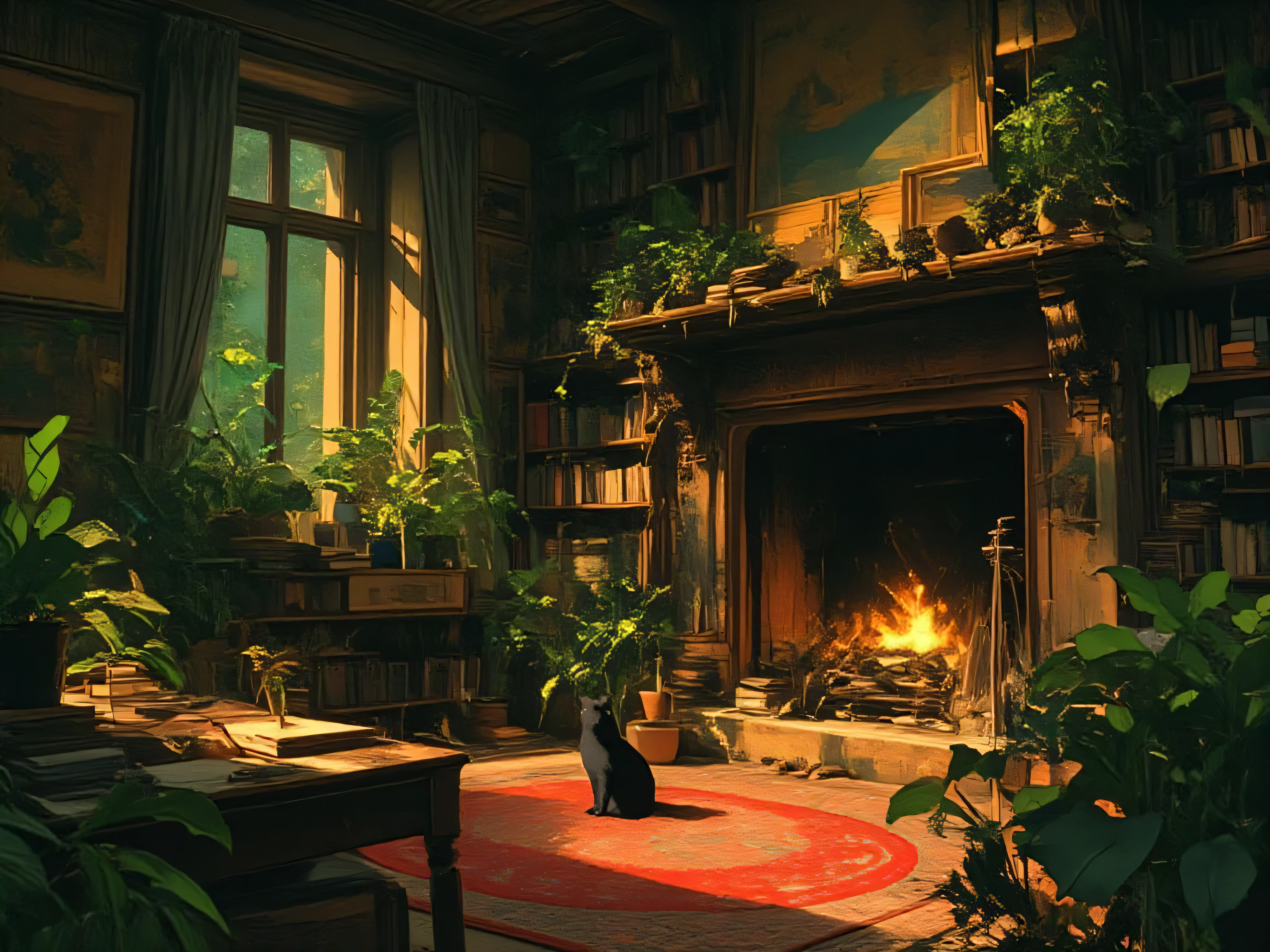 sharp image with fine lines, yellow lights, night in a living room with a window,
large living room from the 80s and 90s, in front of a grand fireplace a round red rug with a black cat on top, a bookshelf full of books with a desk in front, with books on top, several green plants like the plant, Phlebodium decumanum, a black cat among the plants, 8K, inspired by chibi and studio ghibli drawings, an environment that brings peace and tranquility