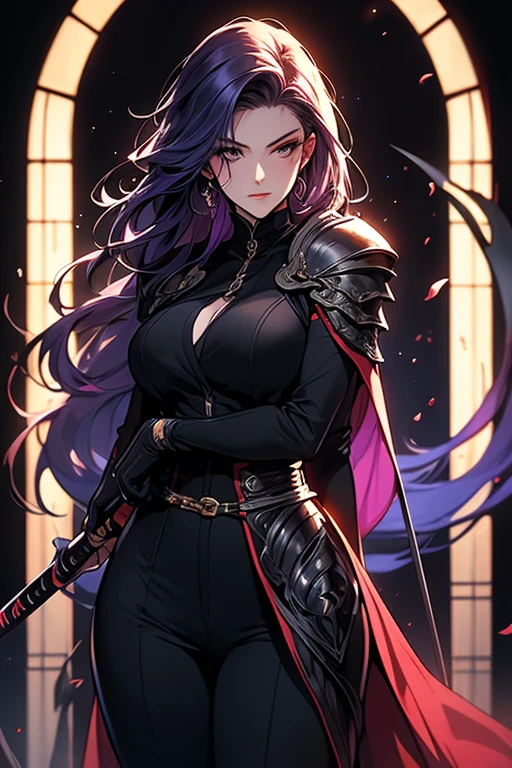 sexy demon woman, perfect body shape, small breast, holding giant scythe with both hand, power armor outfit, silver color breast plate, battle skirt, (royal cape:1.1), main color is matte black, secondary color is purple, sexy and devil aura, original character, masterpieces, seducing purple pupil, black high pony tail with some purple hair, walking under blood moon and middle of the destroyed city street, purple gem accessories, golden belt, golden necklace, windy and evil effect, ((devil tattoo on whole body)), smooth and sweaty skin detail, lighting focused