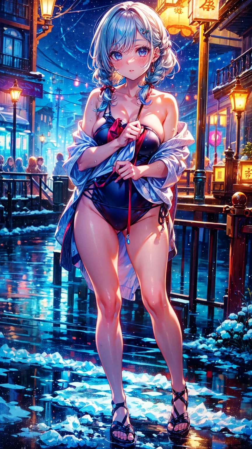 masterpiece,Official Art,8k, masterpiece, Highest quality, Very detailed, One woman、One-piece competitive swimsuit、Wet and transparent、Sandals、Nipple swelling、Sexy pose、Crotch line、Sexy、Beautiful eyes、A devilish smile、Silver Hair、Grin、