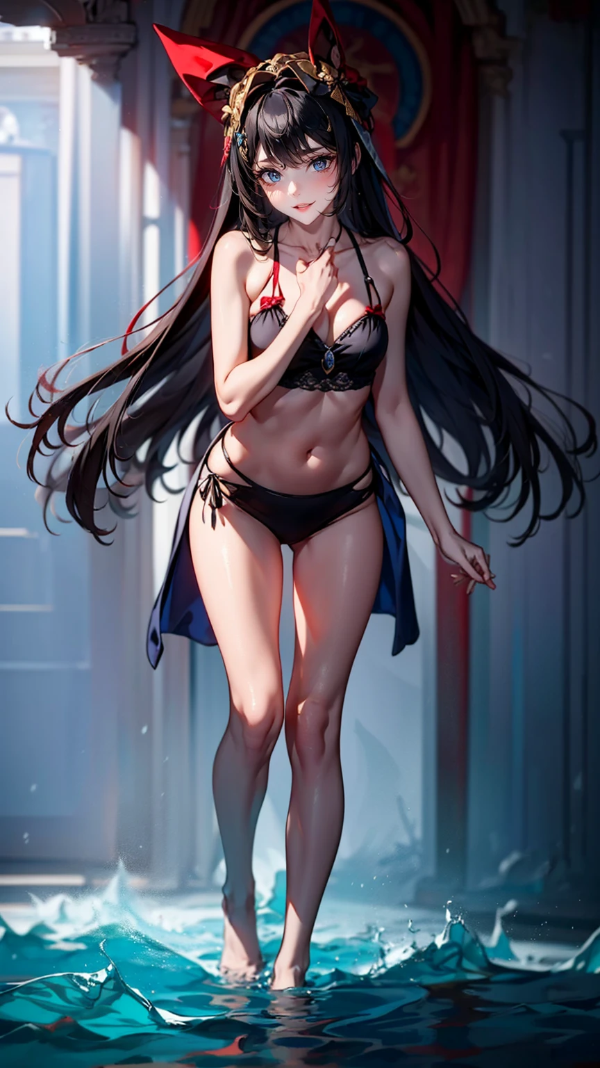 1woman, black hair, blue eyes, tall, bikini, standing on ground, high res, ultra sharp, 8K, masterpiece